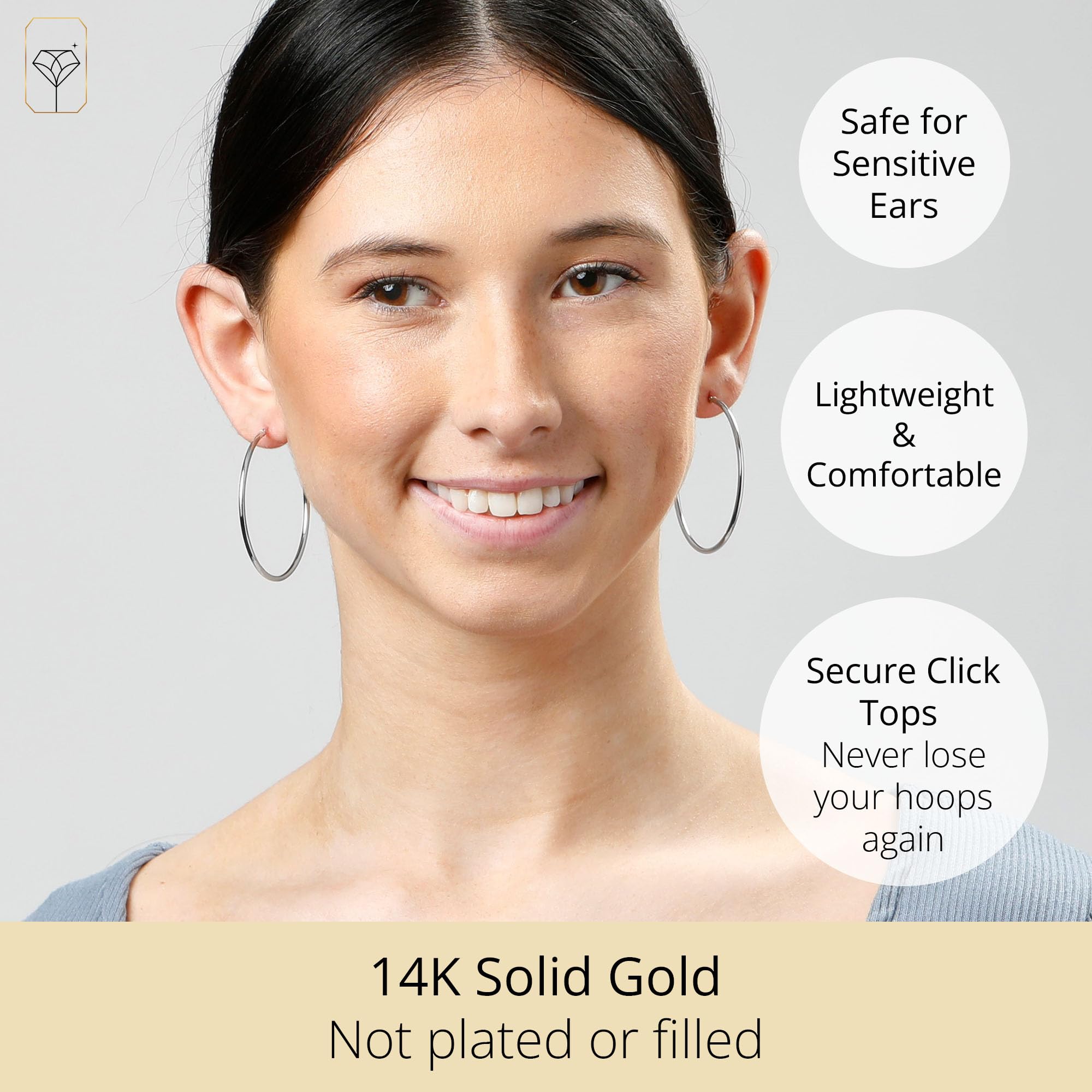 14K Solid Gold Hoop Earrings for Women - Yellow Gold & White Gold Click-Top Hoops | Small to Large Sizes (0.47