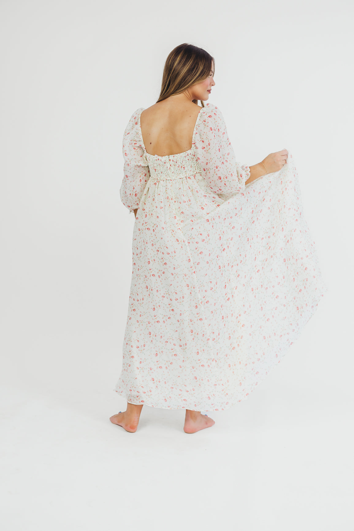 Elegant Ivory Floral Smocked Maxi Dress for Women - Bump Friendly Maternity & Inclusive Sizing (S-2XL) | Perfect for Weddings, Beach Vacations & Summer Parties