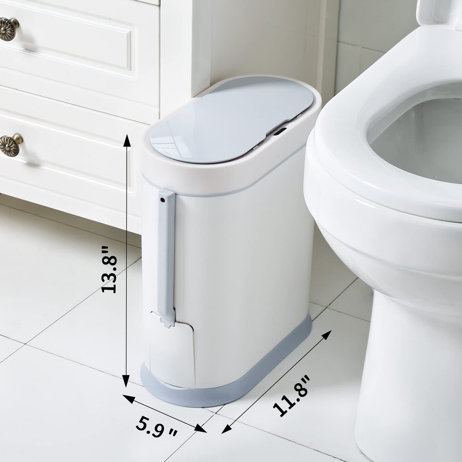 ELPHECO 2.5 Gallon Slim Motion Sensor Trash Can with Lid - Automatic Waterproof Bathroom Garbage Bin with Toilet Brush - Smart Touchless Waste Bin for Toilet, Home, Office (White)