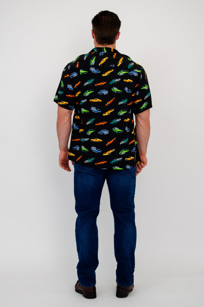 Dinosaur Print T-Shirt with Vintage Muscle Cars Design - Soft Woven Bamboo Fabric for Men & Women - Perfect for Casual Wear, Street Style, and Car Enthusiasts