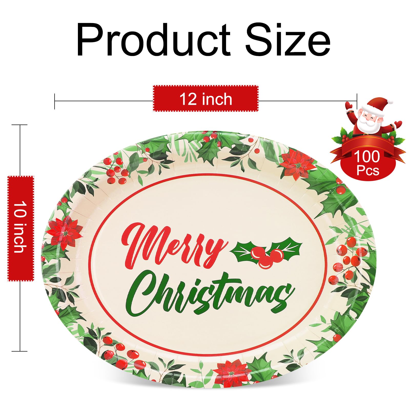 100 Count Christmas Oval Paper Plates Bulk 10