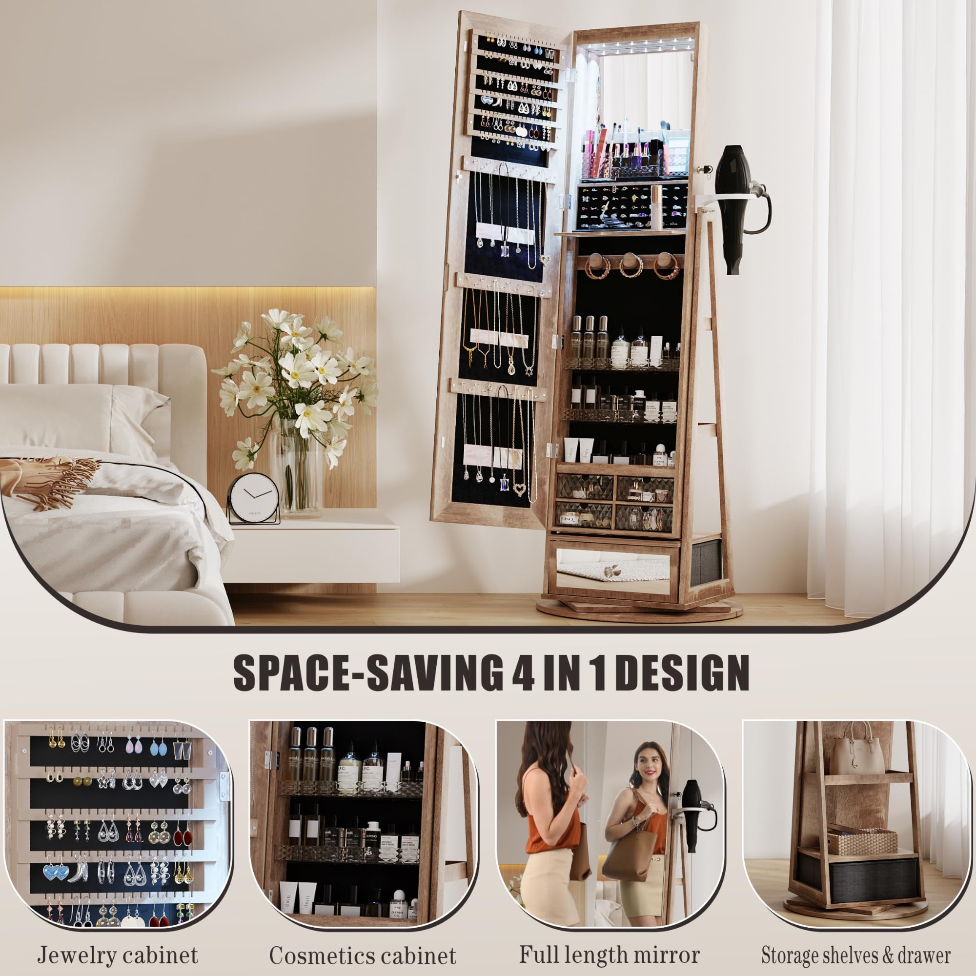 HWB Full Length Mirror with Storage - Standing Jewelry Cabinet with LED Lights, 360° Rotatable Jewelry Armoire Organizer with Foldable Makeup Shelf, Brown - Perfect for Bedroom, Dressing Room & Closet Organization