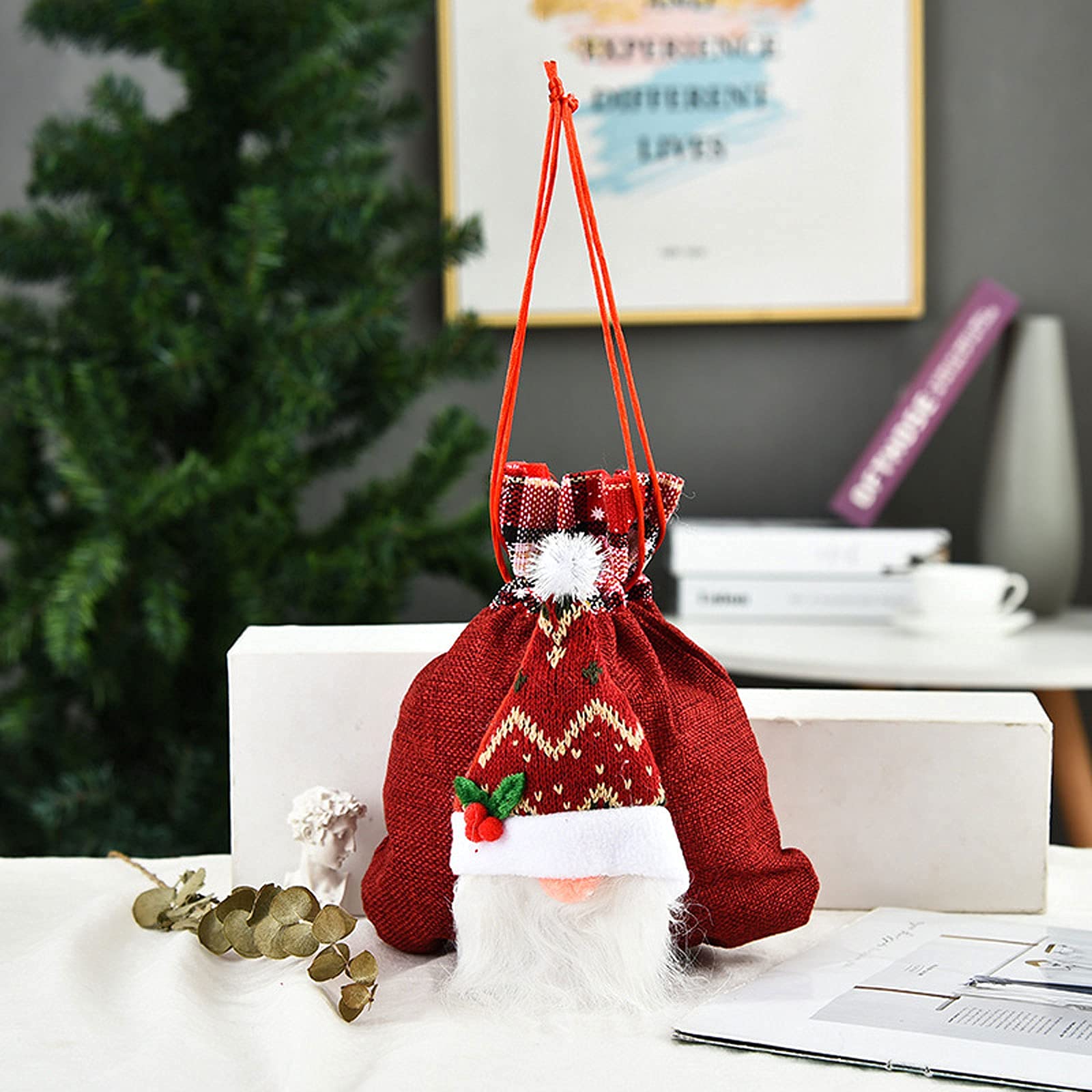 6 Pack Christmas Candy Bags - Burlap Drawstring Gift Bags with 3D Faceless Doll Design for Holiday Treats & Party Favors (Green, Red, Gray) - Perfect for Christmas Parties, Stocking Stuffers & Gift Exchanges