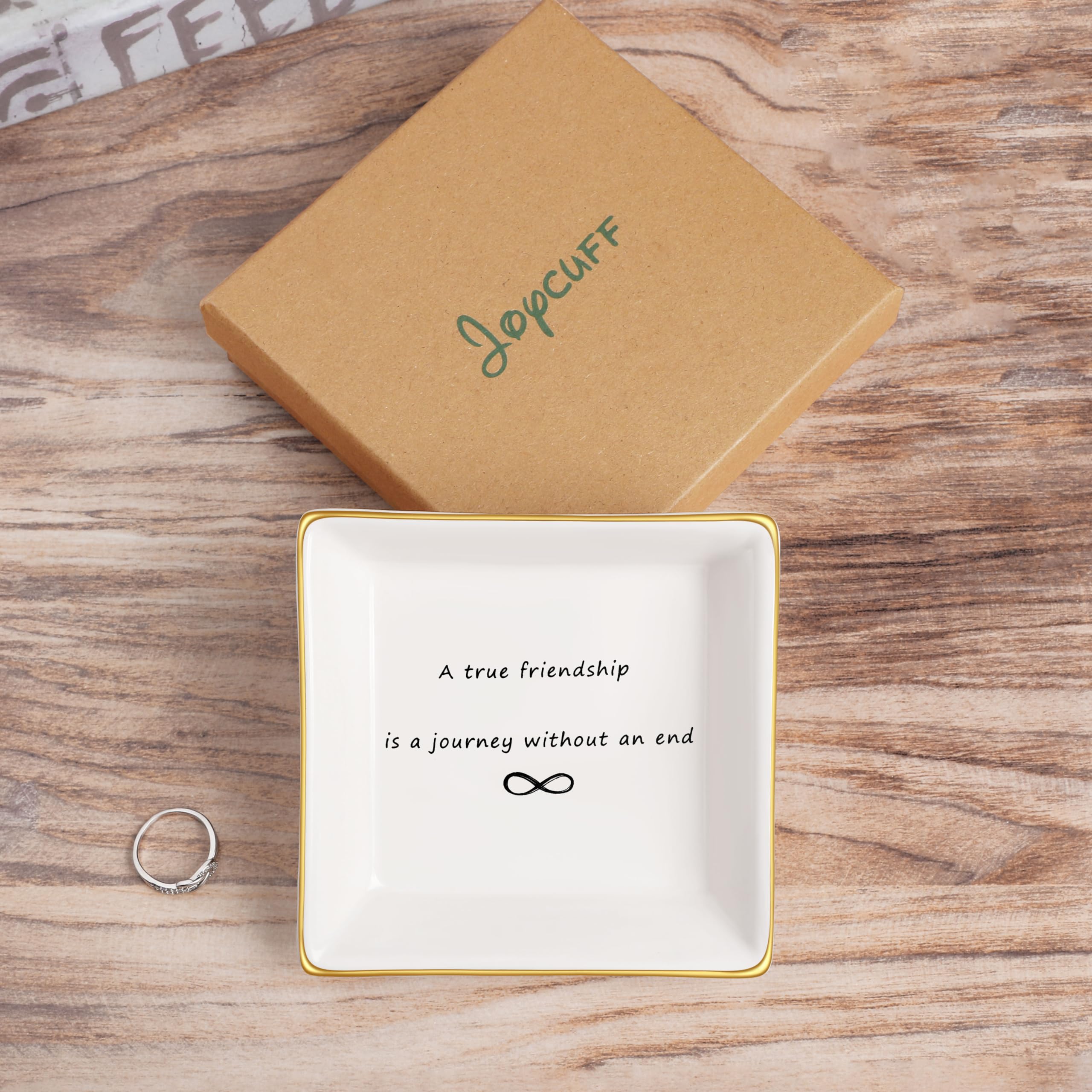 Ceramic Trinket Tray for Women - Friendship Gift Jewelry Dish with 'A True Friendship is A Journey Without End' Quote - Perfect for Birthday, Christmas, Home Decor & Encouragement Gifts | Jewelry Organizer, Ring Holder, Vanity Tray for Bedroom & Bathroom
