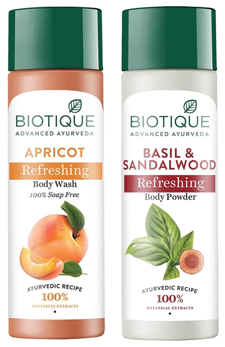 Biotique Bio Apricot Refreshing Body Wash 190ml & Biotique Bio Basil Sandalwood Body Powder 150g - Natural Ayurvedic Skincare Set for Daily Shower and Refreshing Aftercare