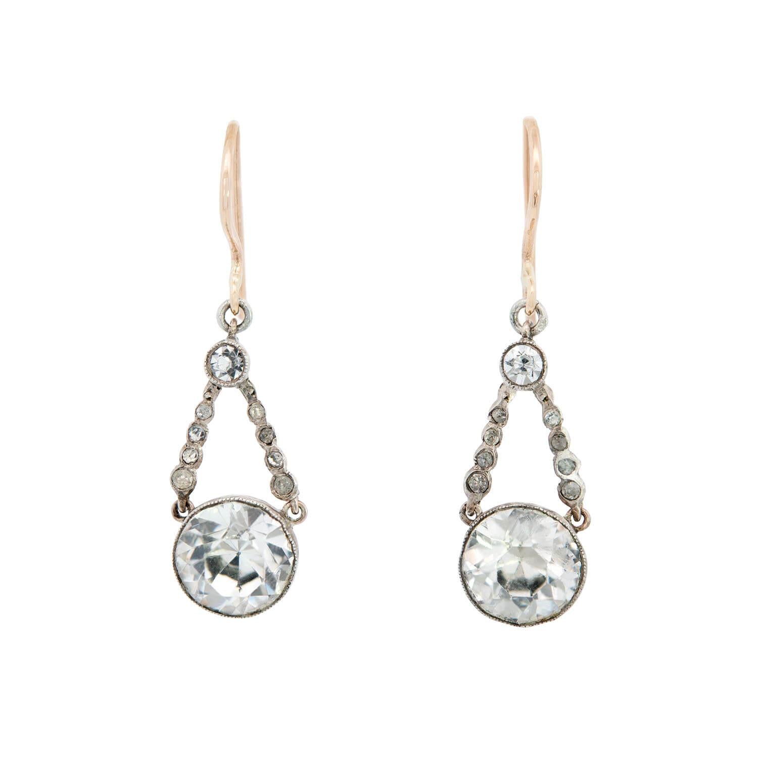 Antique Edwardian 9K Gold & Sterling Silver Paste Dangle Earrings - Vintage Jewelry for Weddings, Parties & Special Occasions
