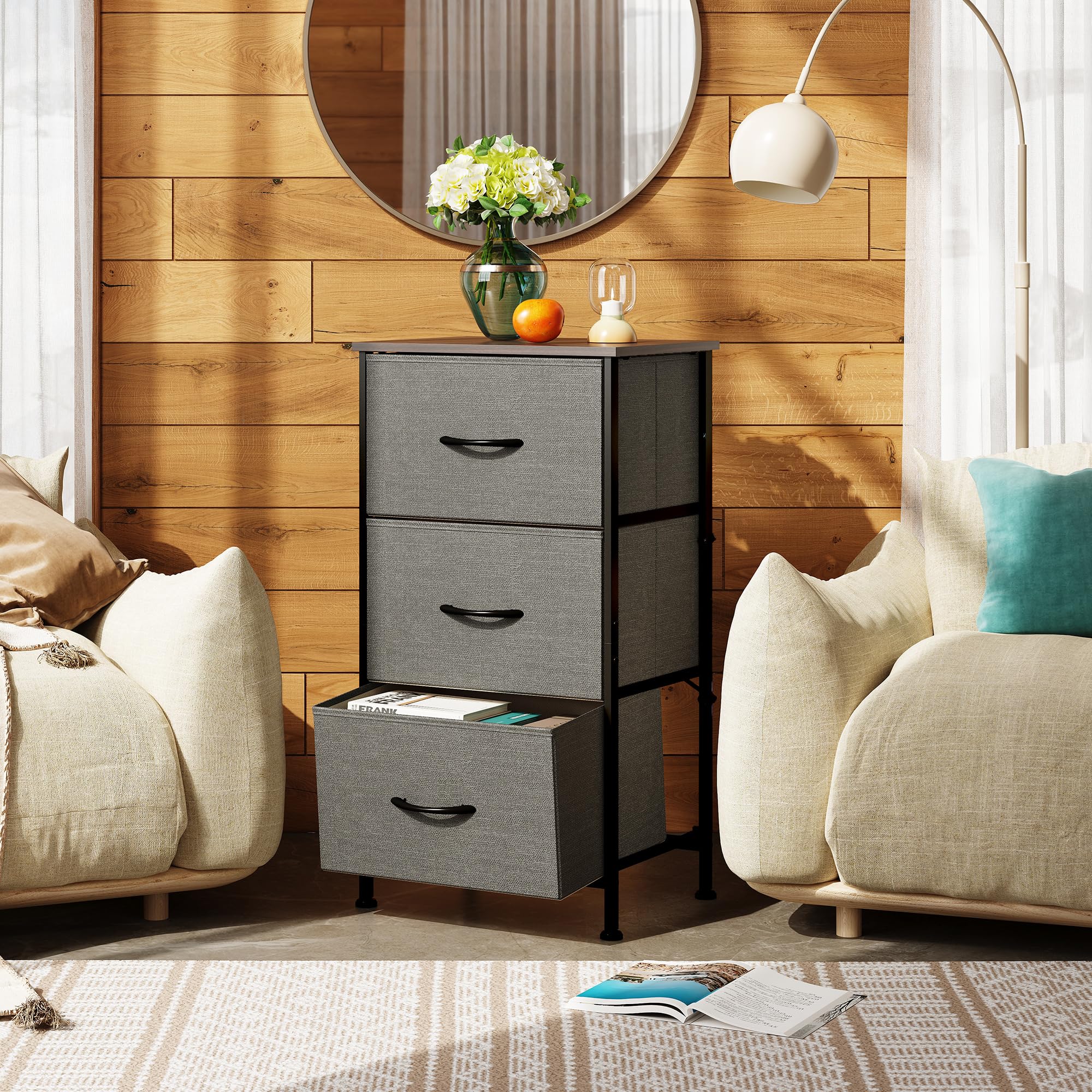 WLIVE 3-Drawer Fabric Dresser with Wood Top & Sturdy Steel Frame - Bedroom Nightstand, Hallway Storage Organizer, Entryway Closet Dresser - Easy Pull Handles, Dark Grey - Perfect for Small Spaces & Apartment Living