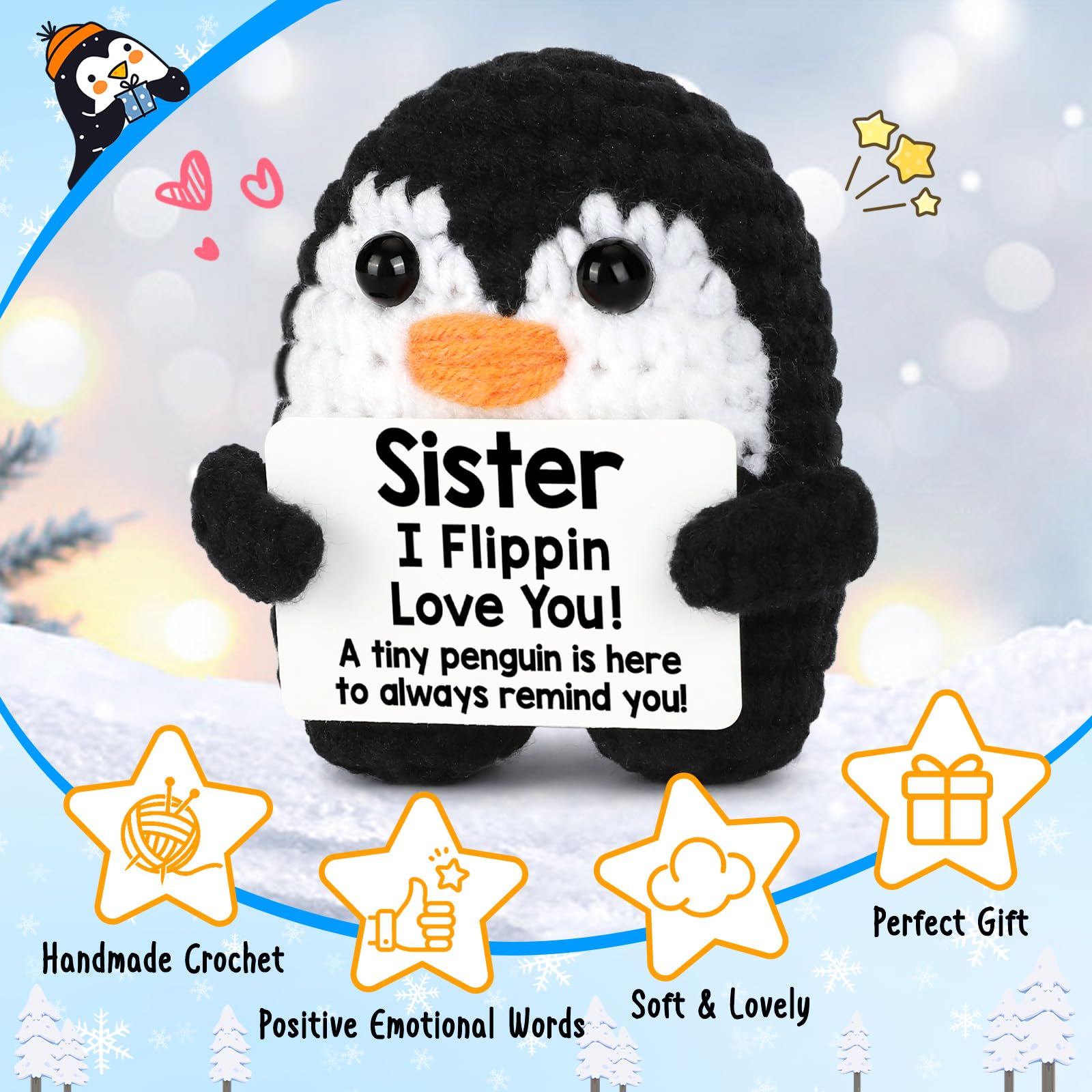 Handmade Crochet Penguin Plush Toy - Unique Birthday Gift for Sister, Funny & Cute Present for Easter, Mothers Day, Christmas - Perfect for Home Decor & Emotional 