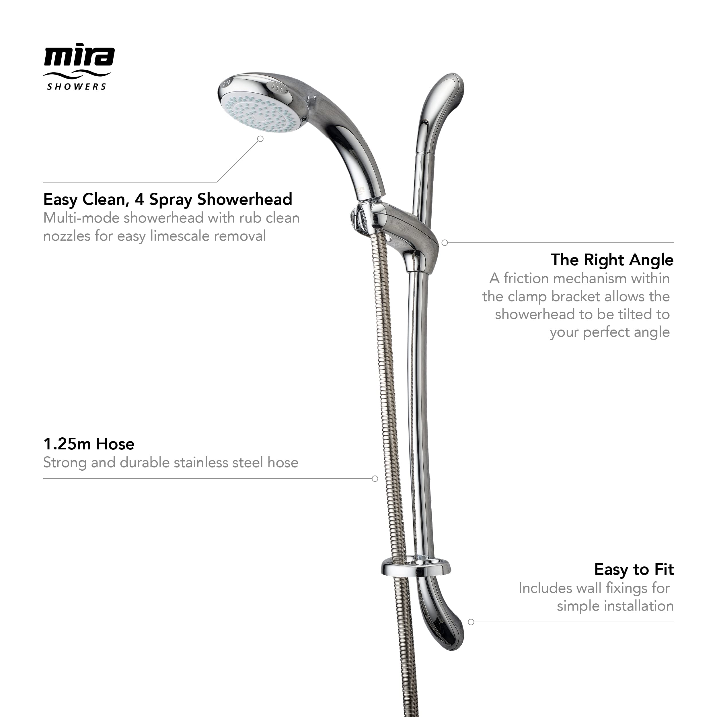Premium Chrome Shower Fittings Kit - 4 Spray Showerhead with 1.25M Hose (Model 2.1605.154) for Bathroom & Spa Relaxation - High Pressure Water Saving Design