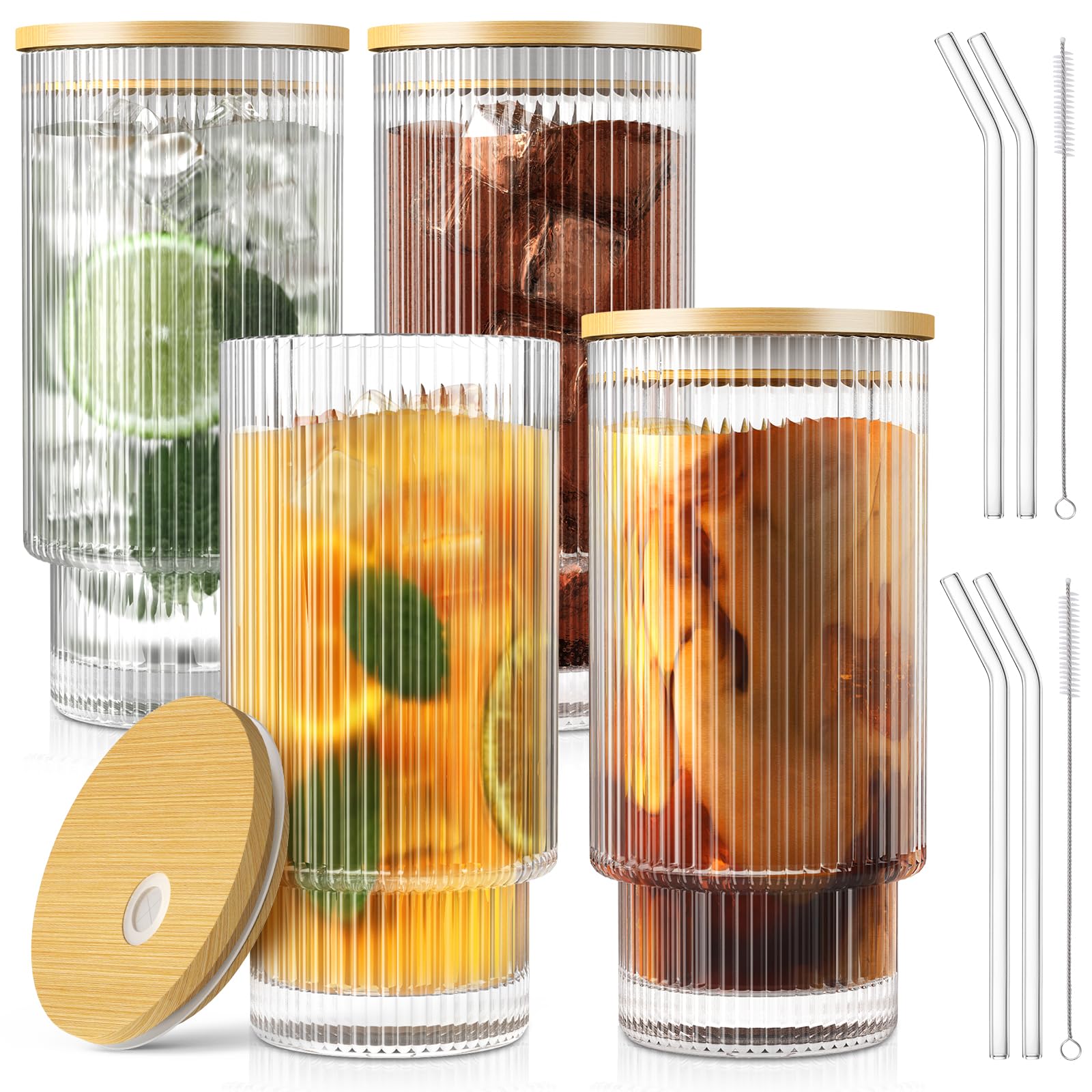 16oz Ribbed Glass Cups with Bamboo Lids & Glass Straws - 4-Piece Vintage Glassware Set for Whiskey, Cocktails, Beer & Iced Coffee - Perfect for Home Bars, Parties & Cute Gifts (BPA-Free, Reusable)