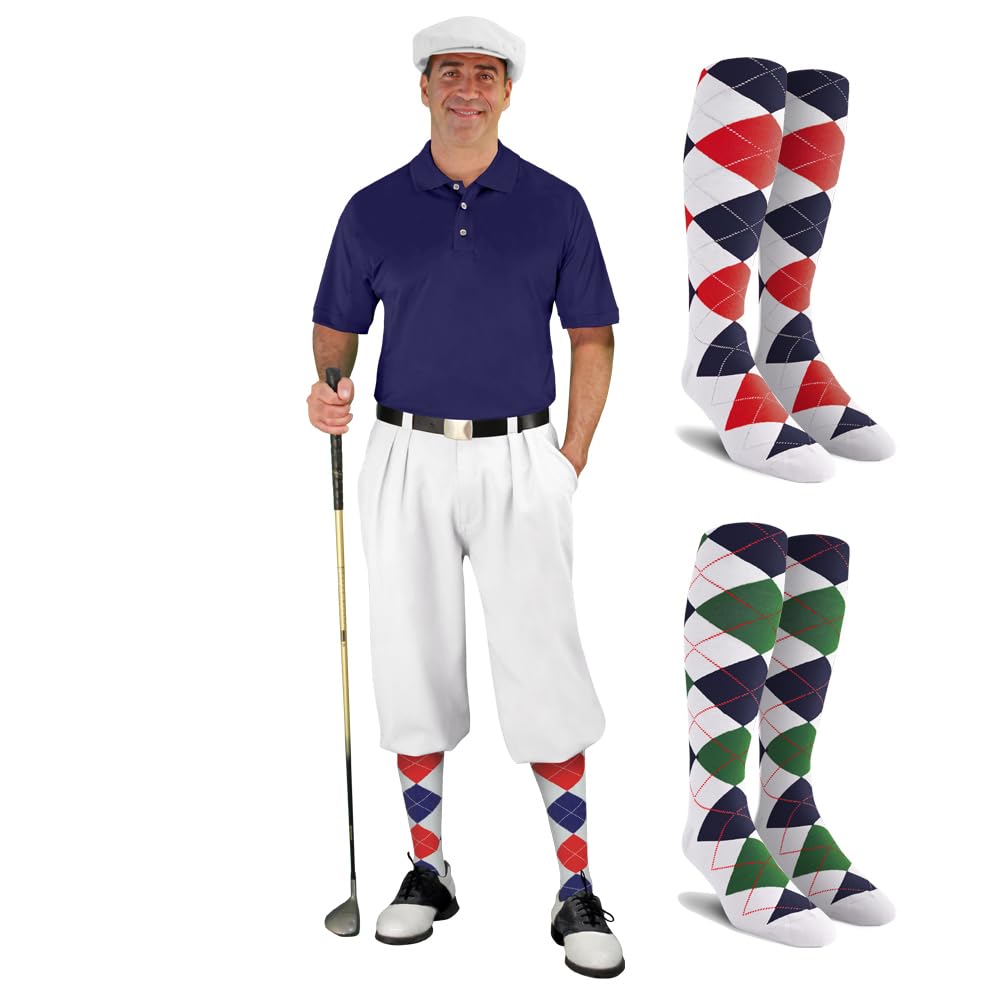 Men's Stylish White Golf Outfit Set - Matching Polo Shirt, Knickers & Cap with 2 Over-The-Calf Socks | Breathable Performance Wear for Golfing & Casual Summer Outings
