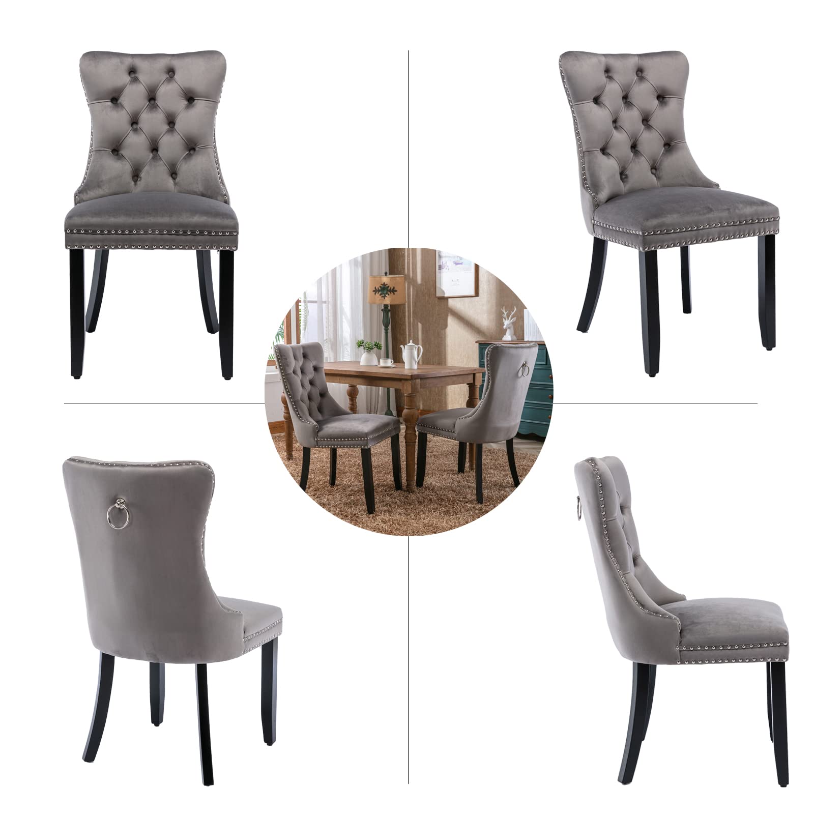 4 Grey Velvet Dining Chairs Set - Upholstered Modern Kitchen Chairs with Tufted Wingback Design, Ring Pull Trim & Solid Wood Legs for Dining Room, Living Room, Kitchen - Perfect for Home Decor, Restaurant & Office Use