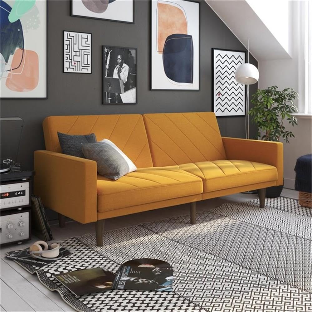 Pemberly Row Futon in Mustard Yellow Linen - Modern Convertible Sofa Bed for Small Spaces, Living Room & Guest Room