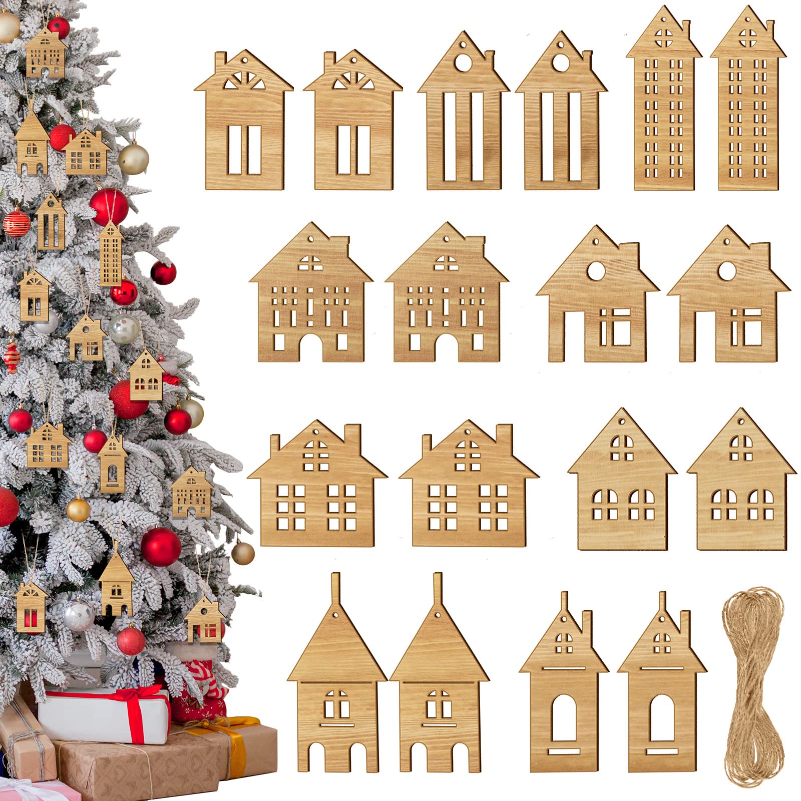 18 Pcs Wooden Christmas Tree Ornaments - Double Sided Hanging Wood House Cutouts with Ropes - Small Rustic Holiday Decor for Xmas Tree, Gift Wrapping & Home Decoration