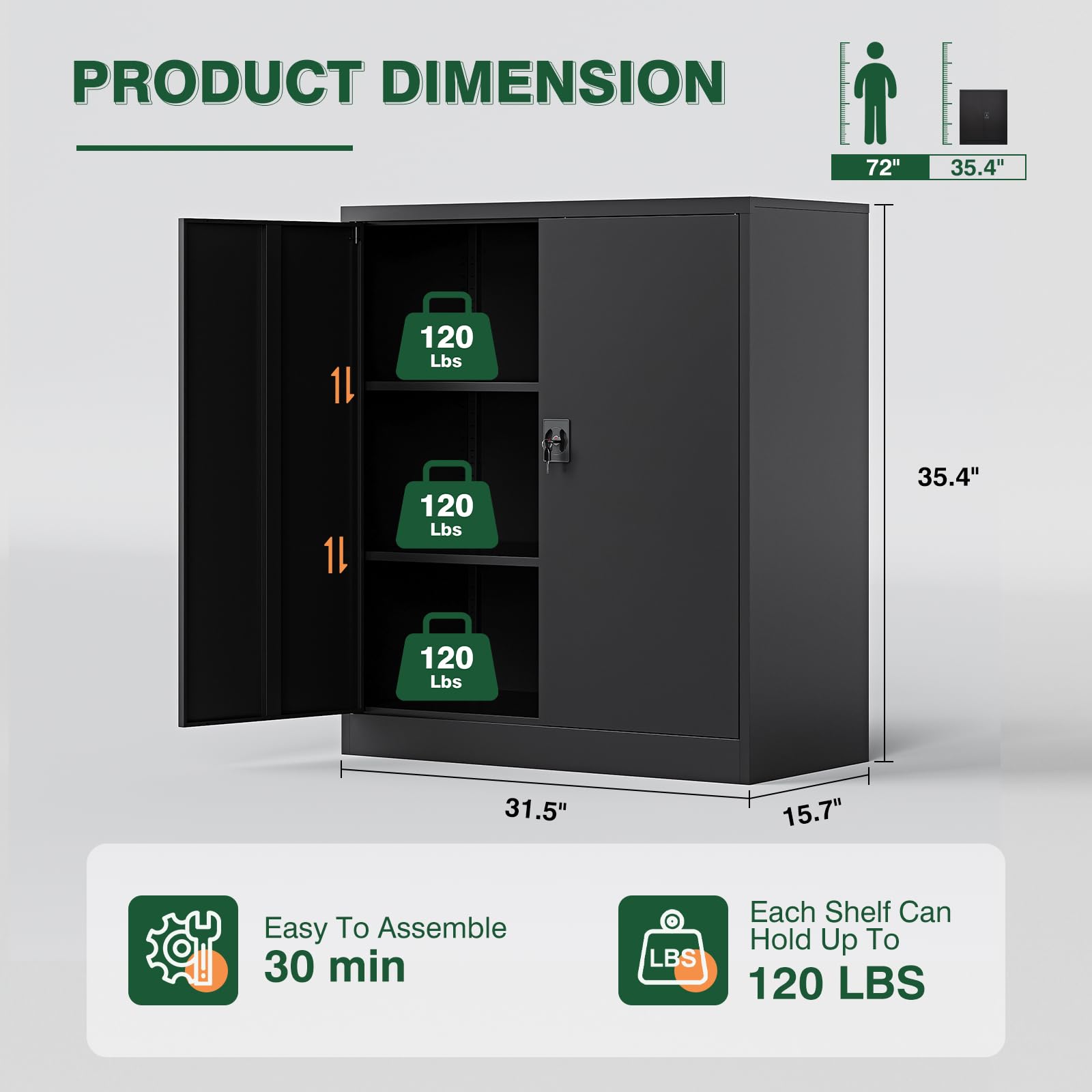 Letaya Black Metal Storage Cabinet with Locking Door & 2 Adjustable Shelves - Heavy Duty Steel Organizer for Home Office, Warehouse, Garage & Employee Lockers - Perfect for Secure Document Storage, Tool Organization & Closet Space Saving