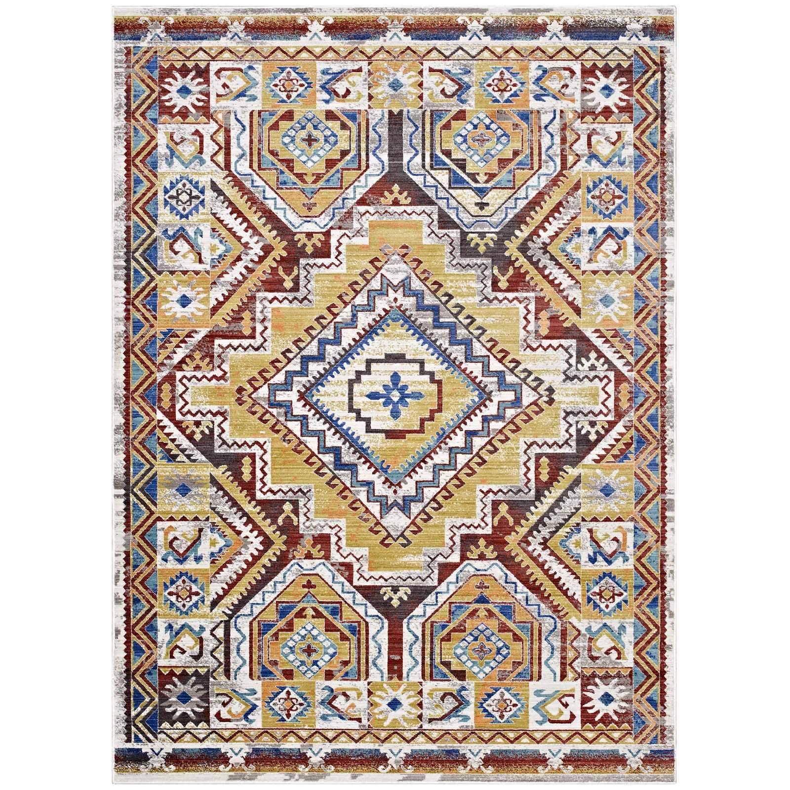Modern Contemporary Living Room Area Rug - Distressed Vintage Style Fabric Floor Mat - Multi-Color Home Decor for Lounge, Bedroom & Office