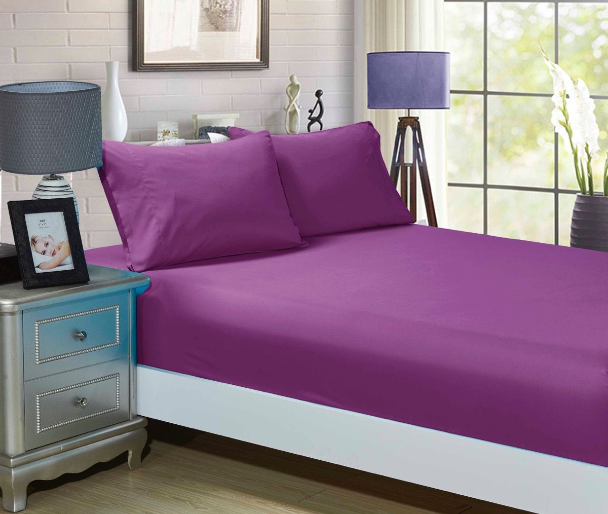 1000TC Ultra Soft Fitted Sheet & 2 Pillowcases Set - Double Size Bed Sheets - Deep Purple Luxury Bedding - Perfect for Master Bedroom, Guest Room & Dormitory