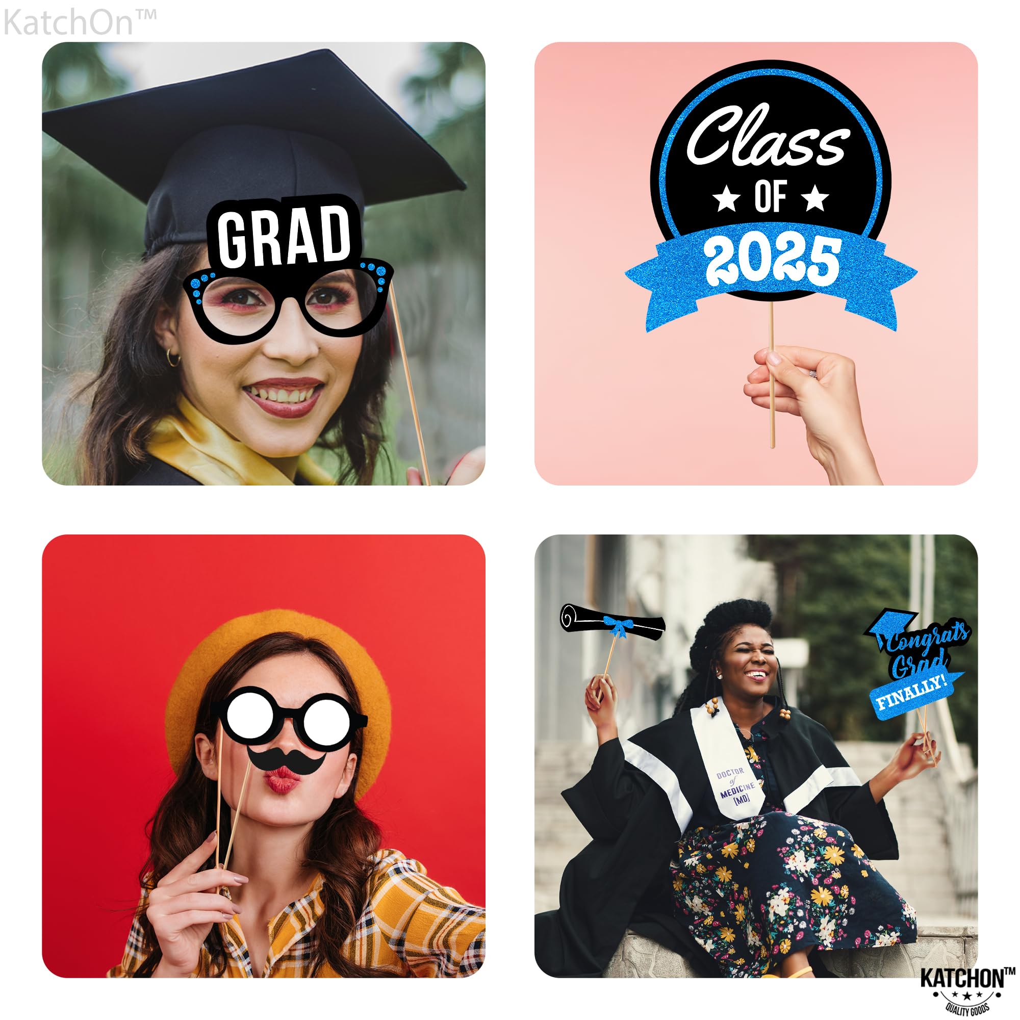 KatchOn 2025 Graduation Photo Booth Props - 21-Piece Glitter Decor Set for Class of 2025 | Blue Graduation Party Supplies, Photo Shoot Accessories & Celebration Favors | Perfect for Graduation Ceremonies, Parties and Memory Keepsakes
