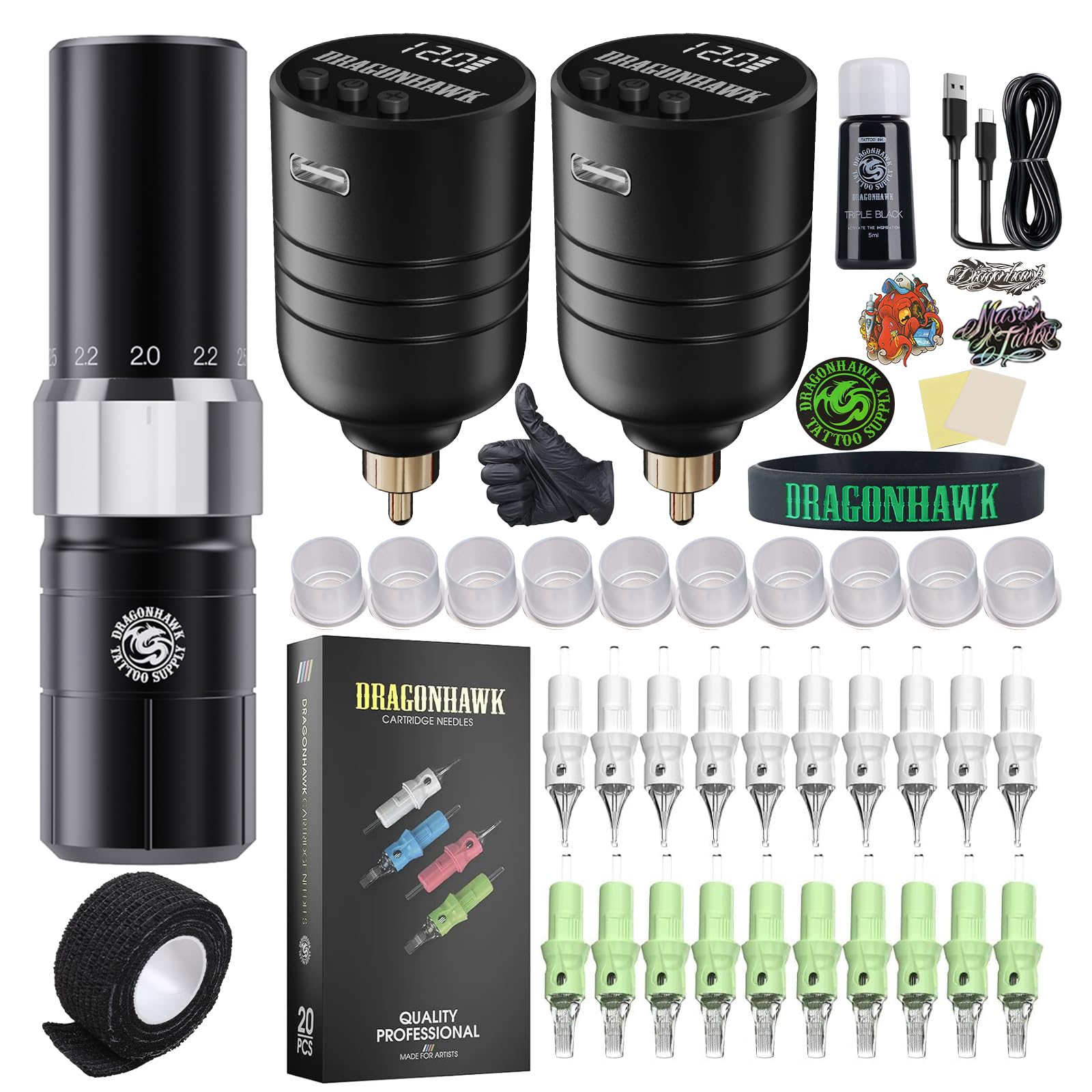 Dragonhawk Tour Y23 Wireless Tattoo Pen Machine Kit with 6 Adjustable Stroke Lengths & 2 Replaceable Batteries - Professional Tattoo Gun for Artists & Beginners - Perfect for Home, Studio & Travel Tattooing