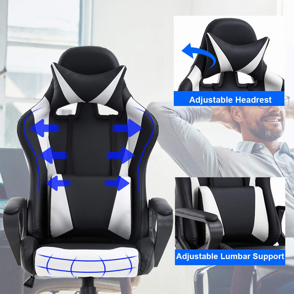 Ergonomic Gaming Chair with Massage & Lumbar Support - High Back PU Leather Racing Style Office Chair with Adjustable Headrest & Arms - Swivel Rolling Computer Desk Chair for Adults & Teens - Perfect for Gaming, Home Office & Workstations (White)