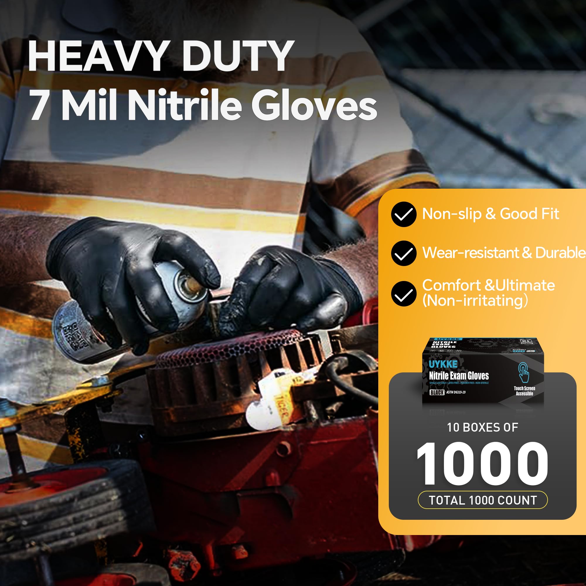 Heavy Duty 7 Mil Nitrile Disposable Gloves - Black, Latex-Free, Chemical Resistant - 1000 Pack for Cleaning, Mechanics, Food Handling & Medical Use