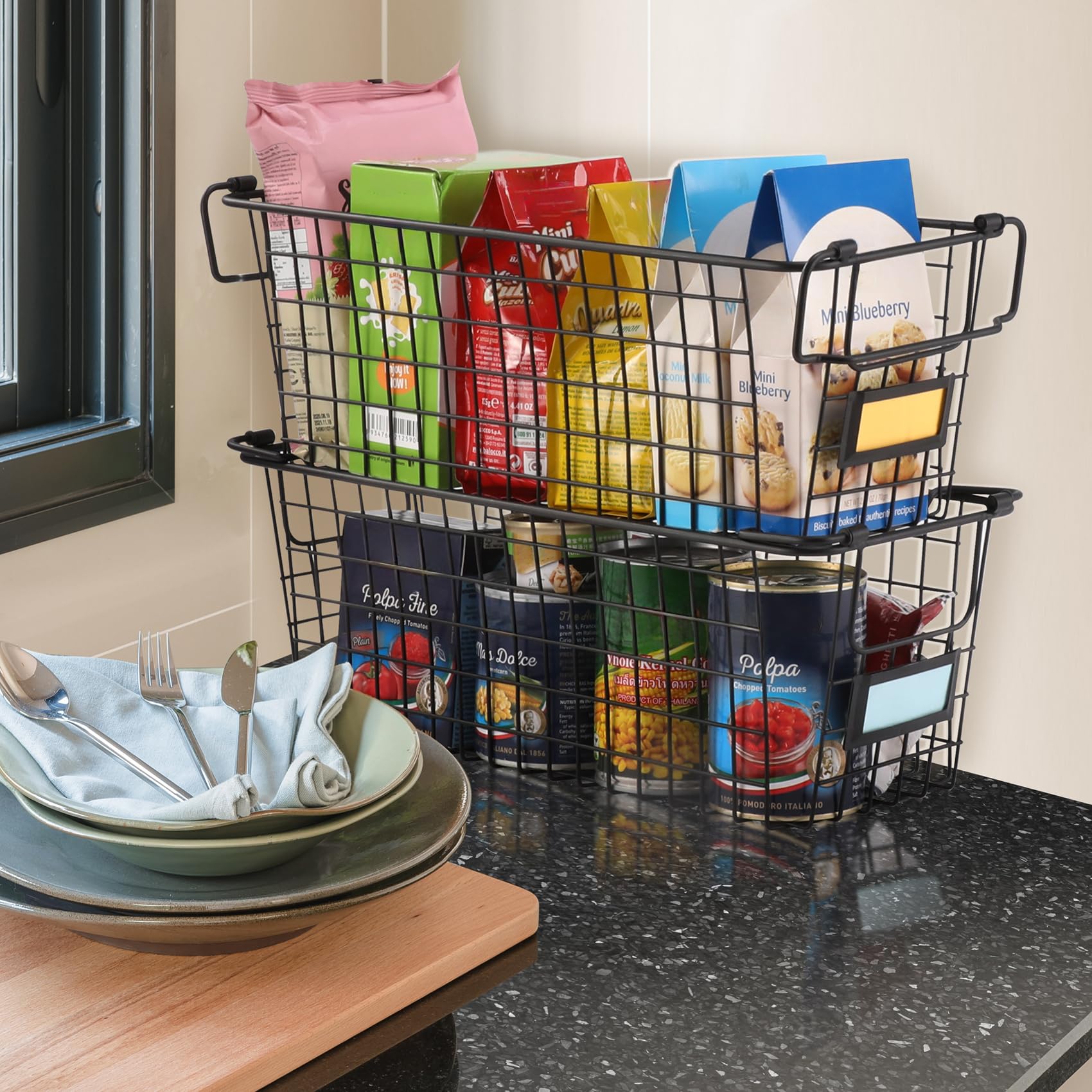 4-Pack XL Stackable Wire Baskets for Organizing - Metal Storage Bins for Pantry, Kitchen, Bathroom | Perfect for Fruits, Vegetables, Food Storage & Cabinet, Countertop, Under Sink Organization | Space-Saving Home & Office Storage Solution