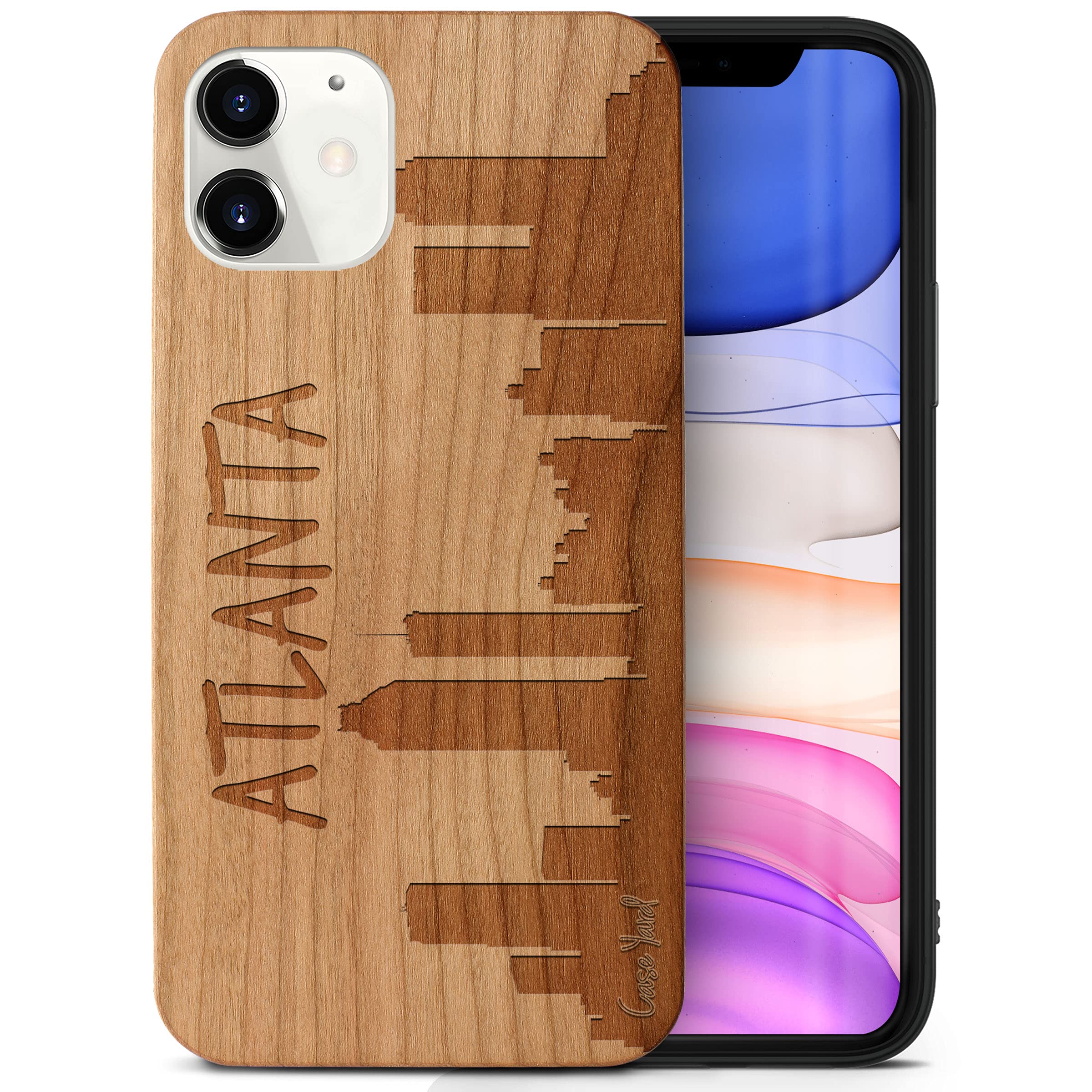 CaseYard Cherry Wood Phone Case for iPhone 11 - Laser Engraved Atlanta Skyline Design, Slim Fit Protective Shockproof Cover for Men & Women - Perfect for Travel, Business & Everyday Use
