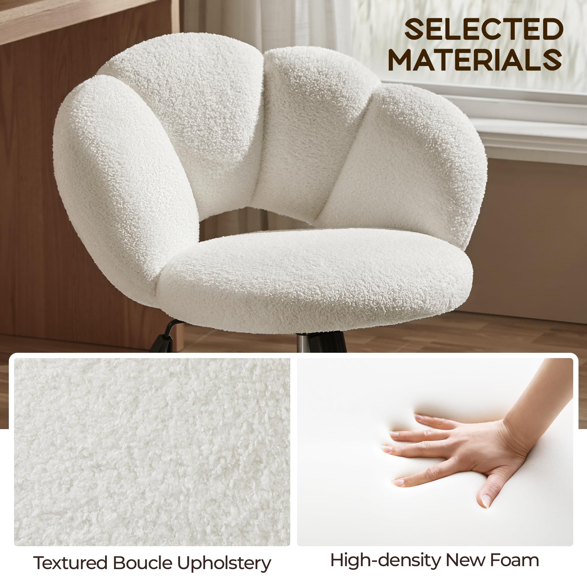 Yaheetech Boucle Upholstered Desk Chair - Adjustable Cloud-Shaped Vanity Chair with Rolling Wheels for Home Office, Living Room & Bedroom - Ergonomic Computer Chair for Work, Study and Makeup (White)