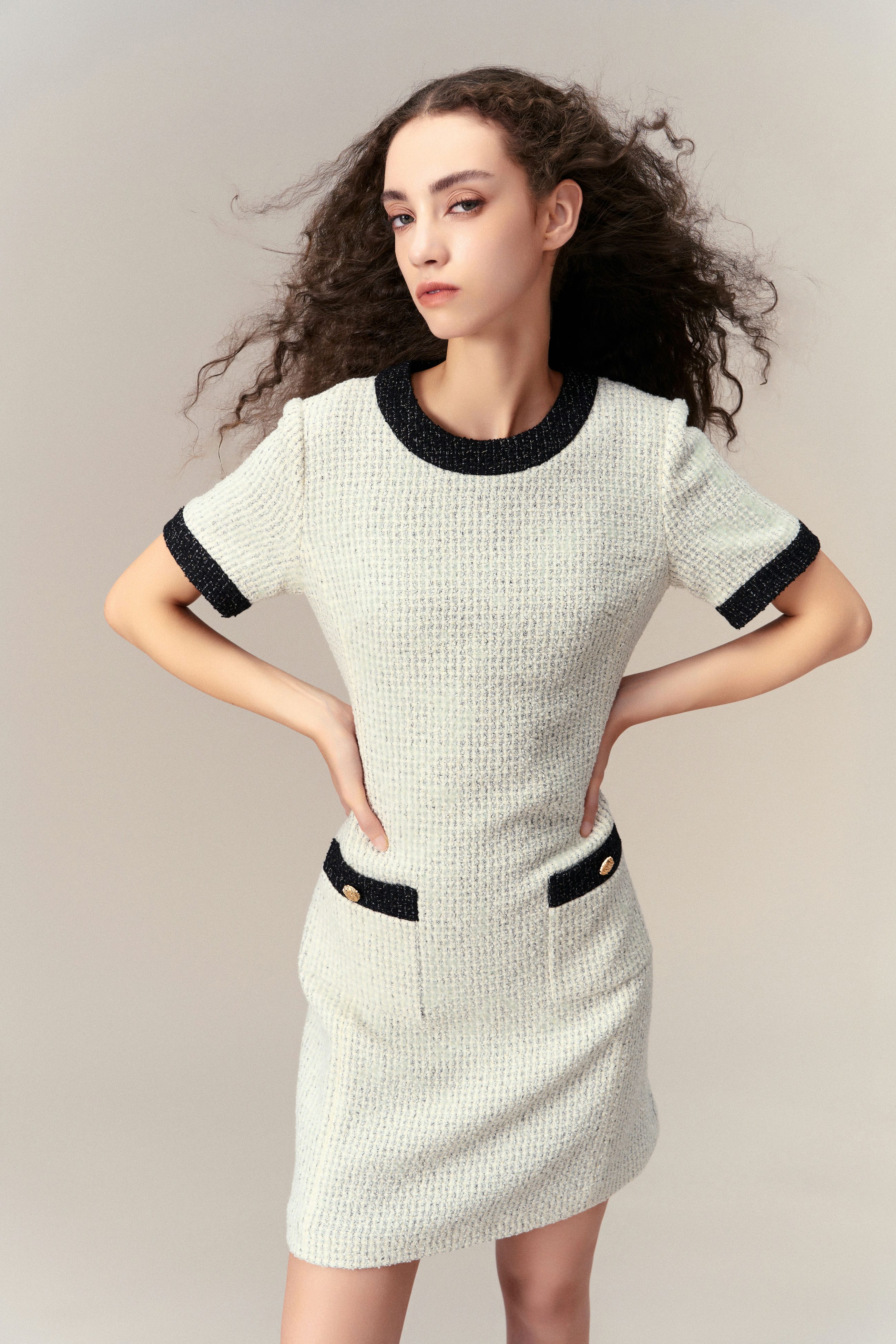 Elegant Black and White Contrast Tweed Dress for Women - Perfect for Office Wear, Cocktail Parties, and Special Occasions
