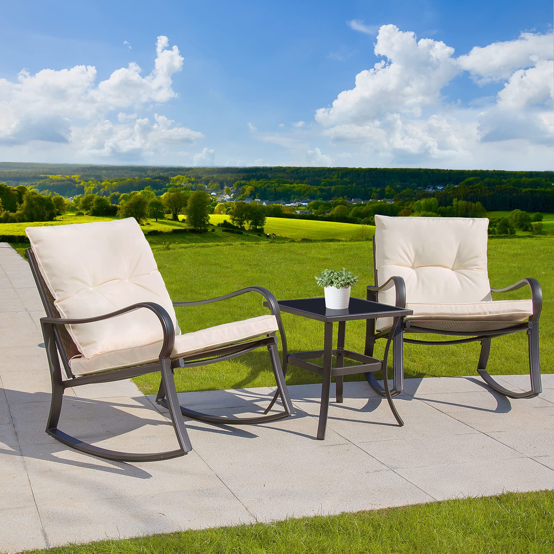 Domi Outdoor Living 3-Piece Rocking Bistro Set - Black Steel Wicker Rocking Chairs with Cushions & White Glass Top Coffee Table - Perfect for Patio, Garden, Porch, and Backyard Relaxation