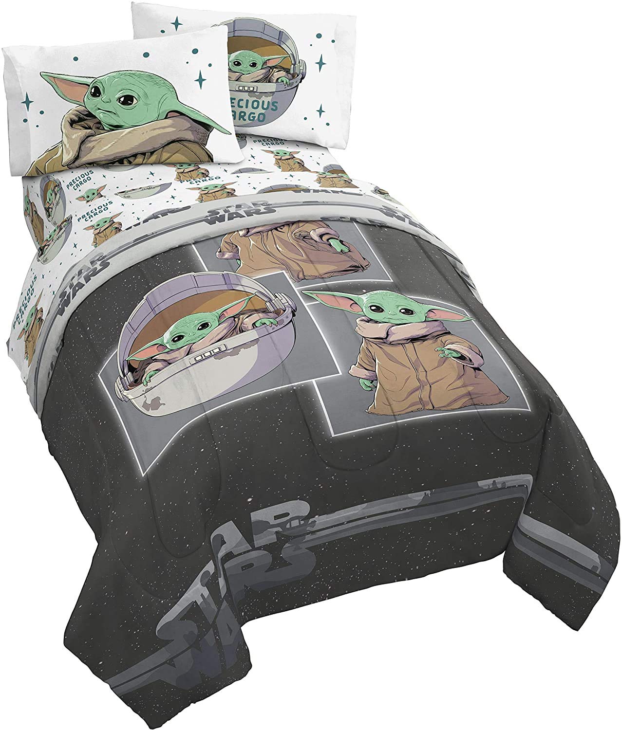 Star Wars The Mandalorian Baby Yoda Twin Comforter Set with Matching Sheets & Wall Decals - Soft Gray Kids Bedding for Boys & Girls - Perfect for Themed Bedrooms, Sleepovers & Star Wars Fans