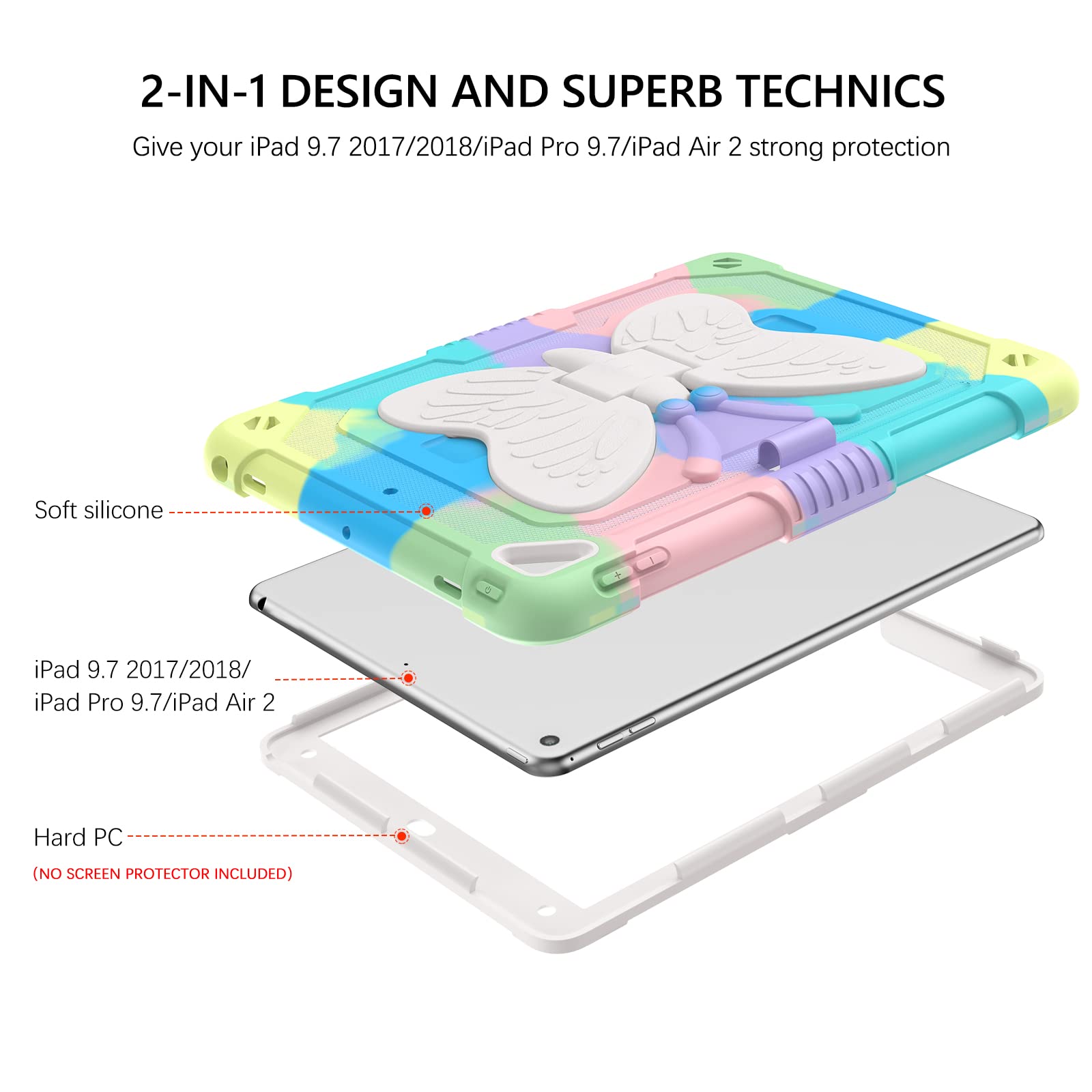 GUAGUA Kids Shockproof iPad Case - Compatible with iPad Air 2, iPad 5th/6th Gen (2017/2018) & iPad Pro 9.7