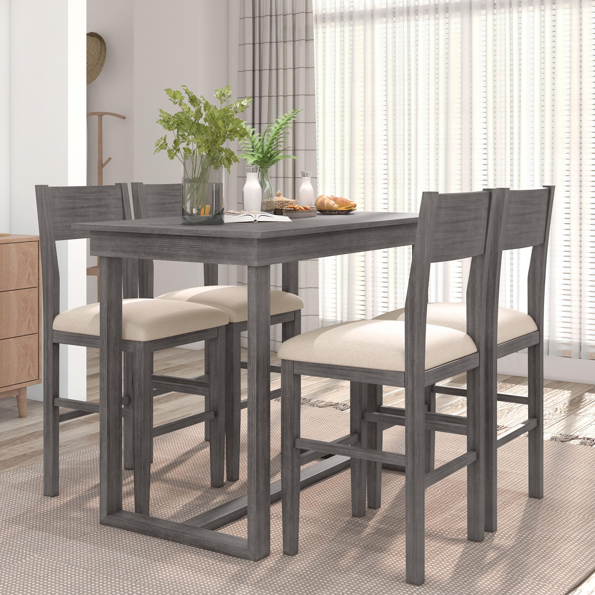 Farmhouse Style 5-Piece Counter Height Dining Set - Solid Wood Rectangular Table with 4 Chairs, Gray Wooden Kitchen Pub Bar Table for Small Spaces, Perfect for Breakfast Nooks, Compact Apartments & Cozy Dining Areas