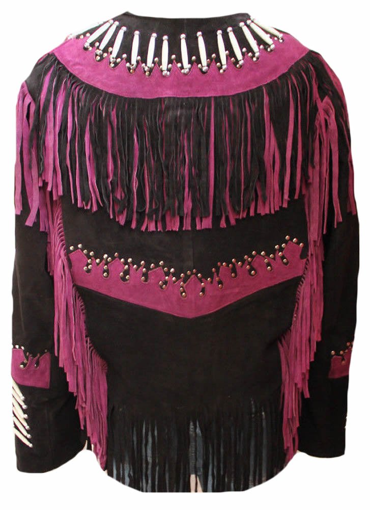 Classyak Women's Western Fringed Beaded Suede Jacket with Bone Accents - Perfect for Cowgirl Fashion, Rodeo Events & Boho Chic Outfits