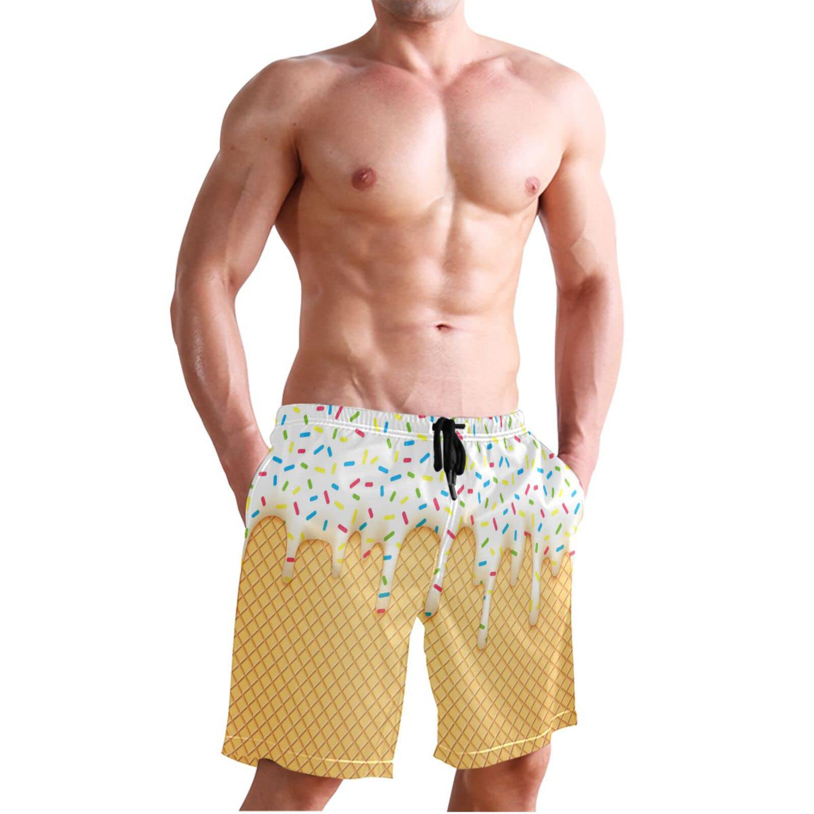 Men's Quick Dry Swim Trunks - Ice Cream Cone Print Summer Beach Shorts for Swimming & Bathing | Perfect for Pool, Beach & Vacation