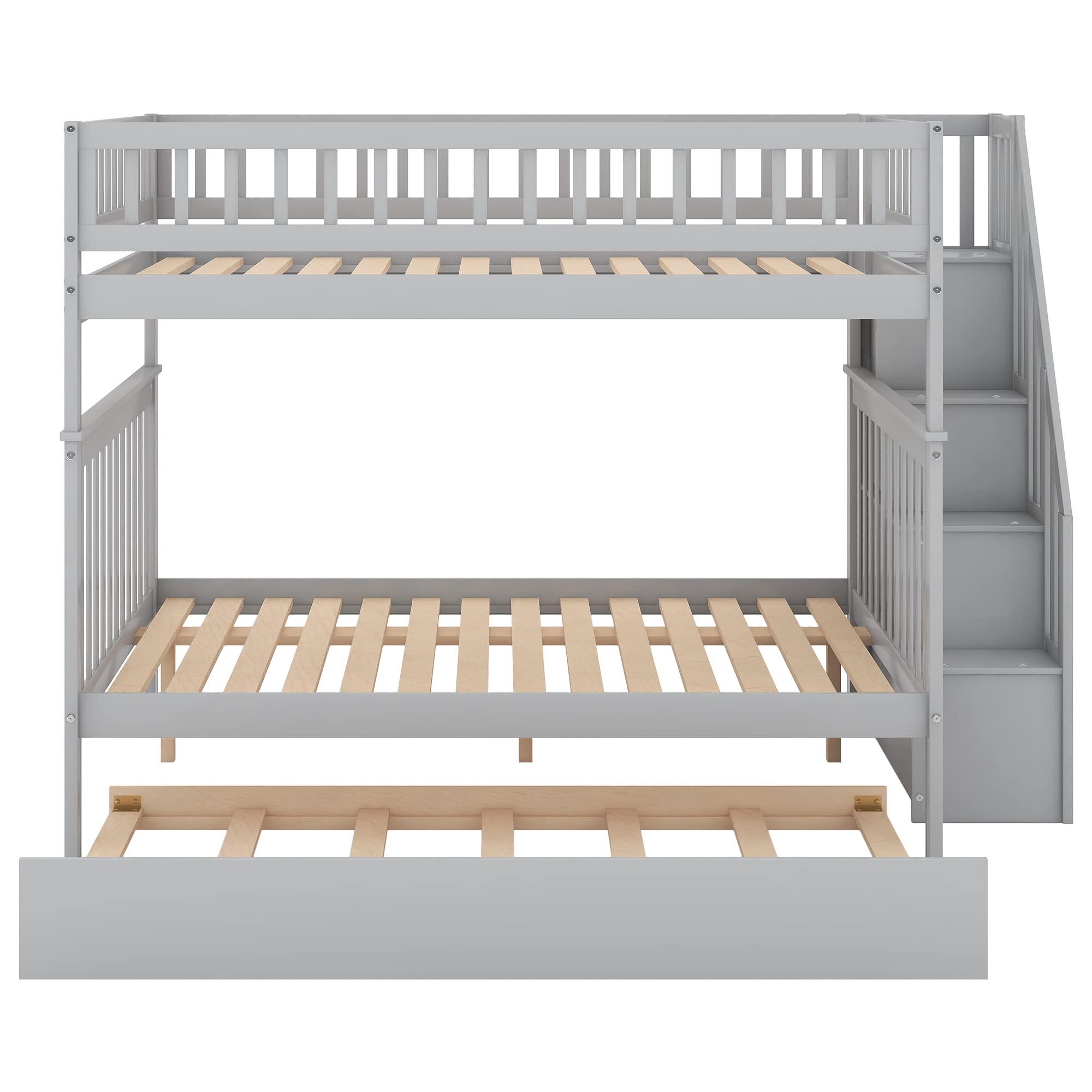 Solid Wood Full Over Full Bunk Bed with Trundle & Staircase - Convertible to 2 Separate Beds, Built-in Storage Shelf & Safety Rail for Kids/Teens - Space-Saving Solution for Small Bedrooms, Guest Rooms or Vacation Homes (Grey)