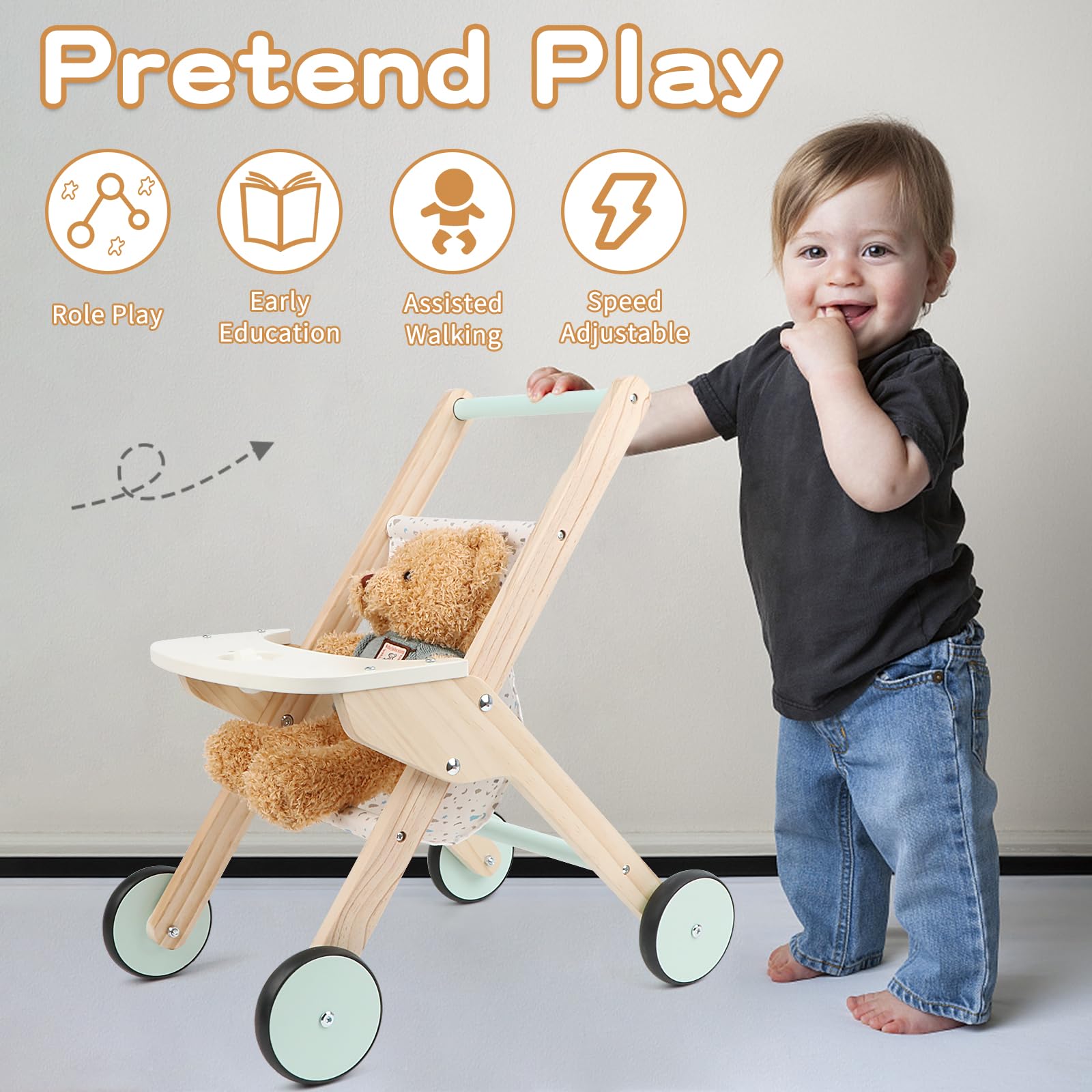 Wooden Baby Walker Doll Stroller - Toddler Push Toy for Boys & Girls, Learning Walking Aid with Shopping Cart Design | Perfect for First Steps, Indoor Play & Early Childhood Development