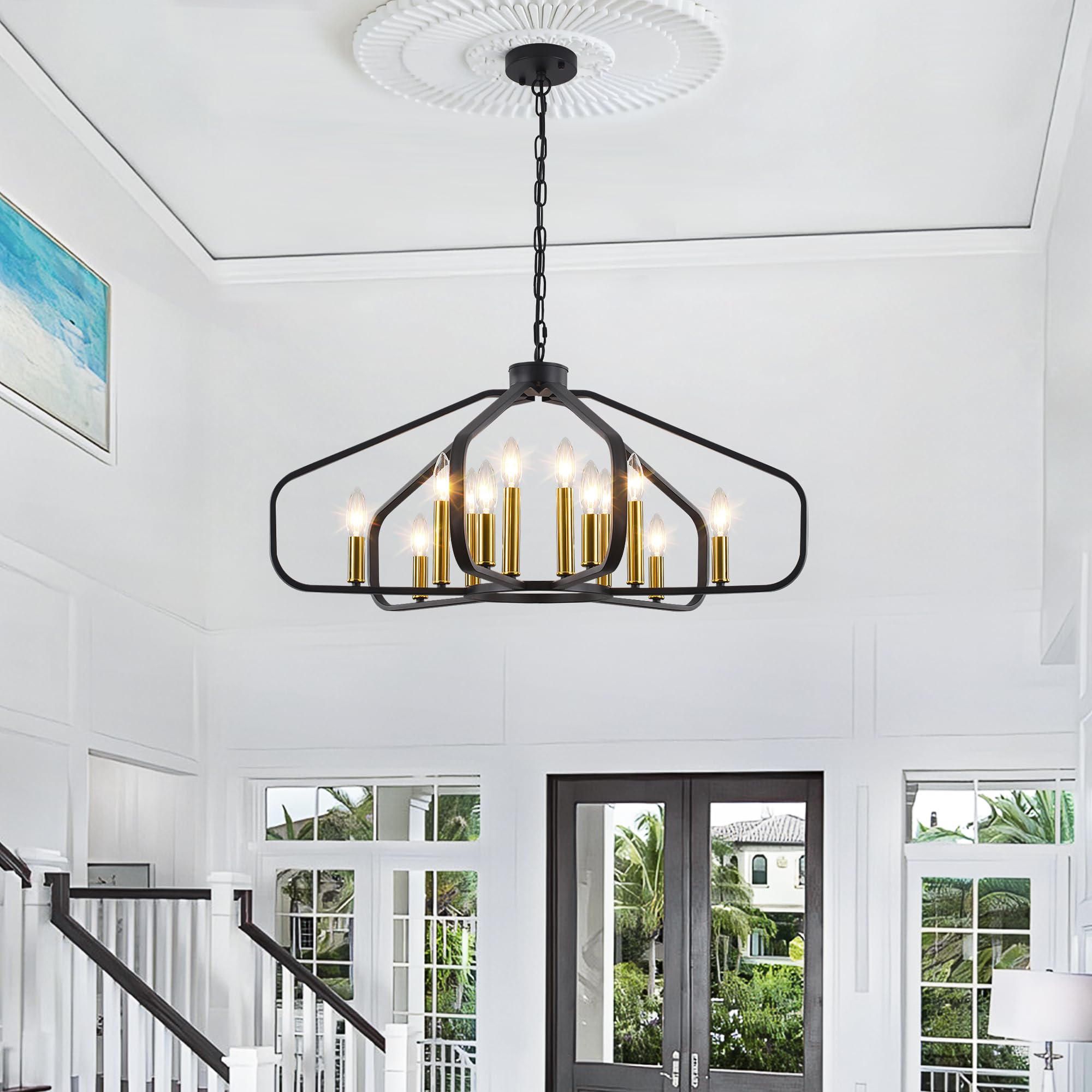 32.28'' Large Black and Gold Modern Farmhouse Cage Chandelier - 12-Light Dining Room Lighting Fixture for Living Room, Bedroom, Kitchen, Entryway & Foyer | Perfect for Rustic Home Decor & Wedding Venue Lighting