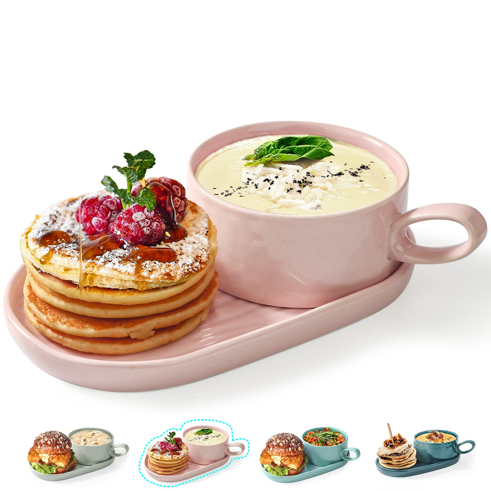**Artena 16 oz Ceramic Soup and Sandwich Plate Set - 9.85-inch Glazed Bowls with Handles for Soup, Side Dishes & Crackers - Perfect for Breakfast, Bread Dipping & Casual Dining (Soft Pink)**