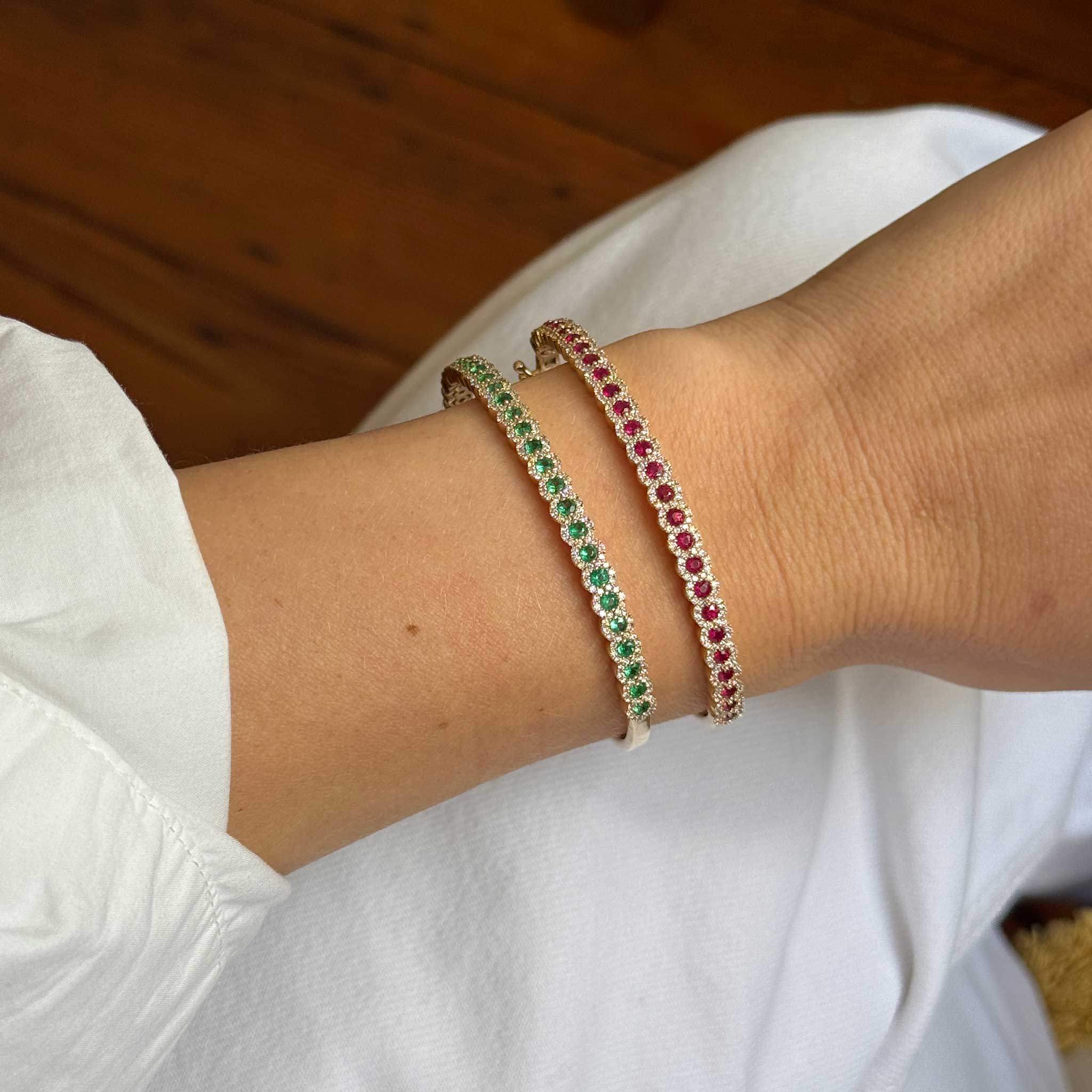 14K Yellow Gold Emerald & Diamond Halo Pavé Bangle Bracelet for Women - Elegant Jewelry Gift for Anniversary, Birthday & Special Occasions