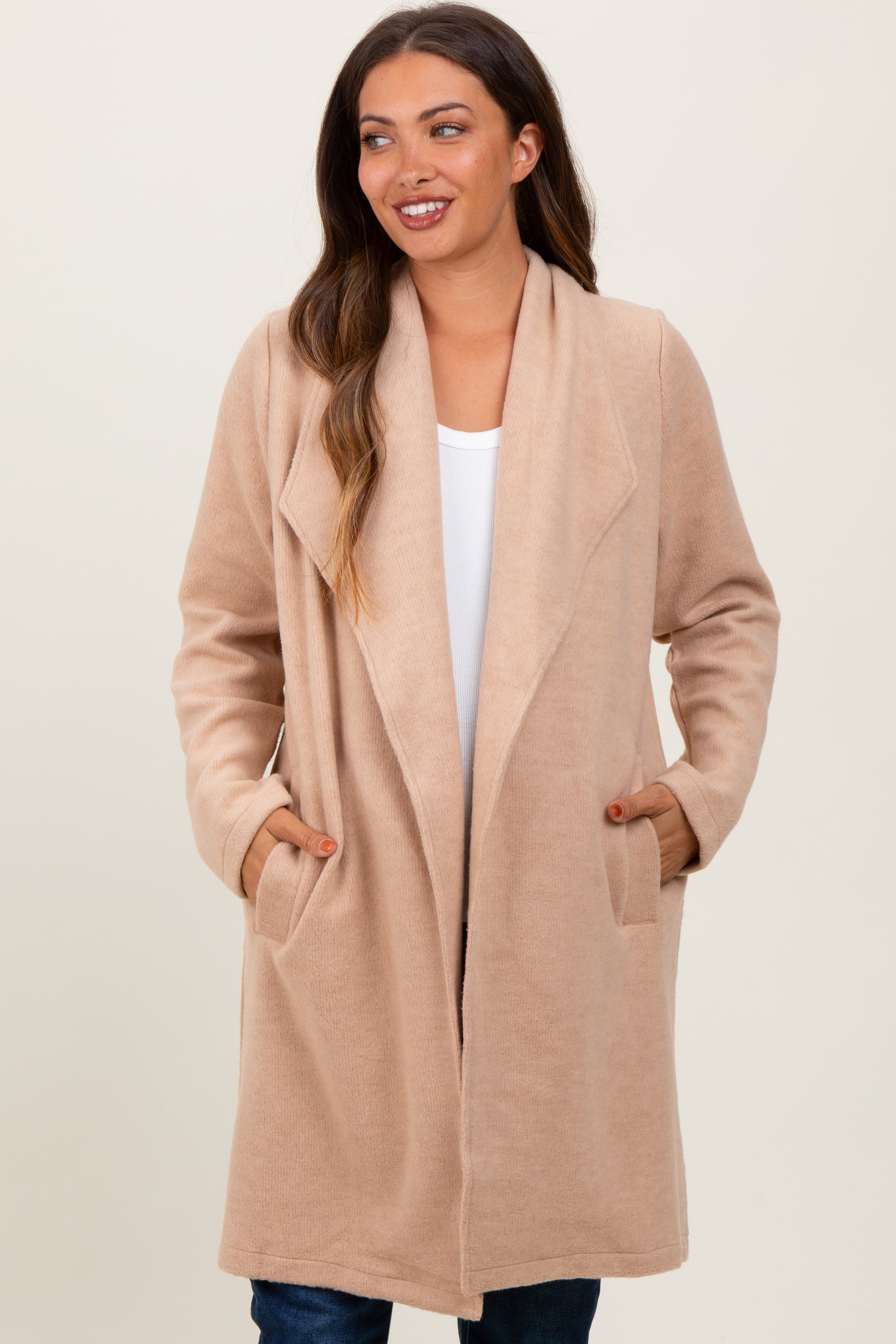 Beige Knit Maternity Coat Jacket for Women - Soft & Comfortable Relaxed Fit Pregnancy Outerwear - Perfect for Casual Wear, Office & Winter Maternity Fashion