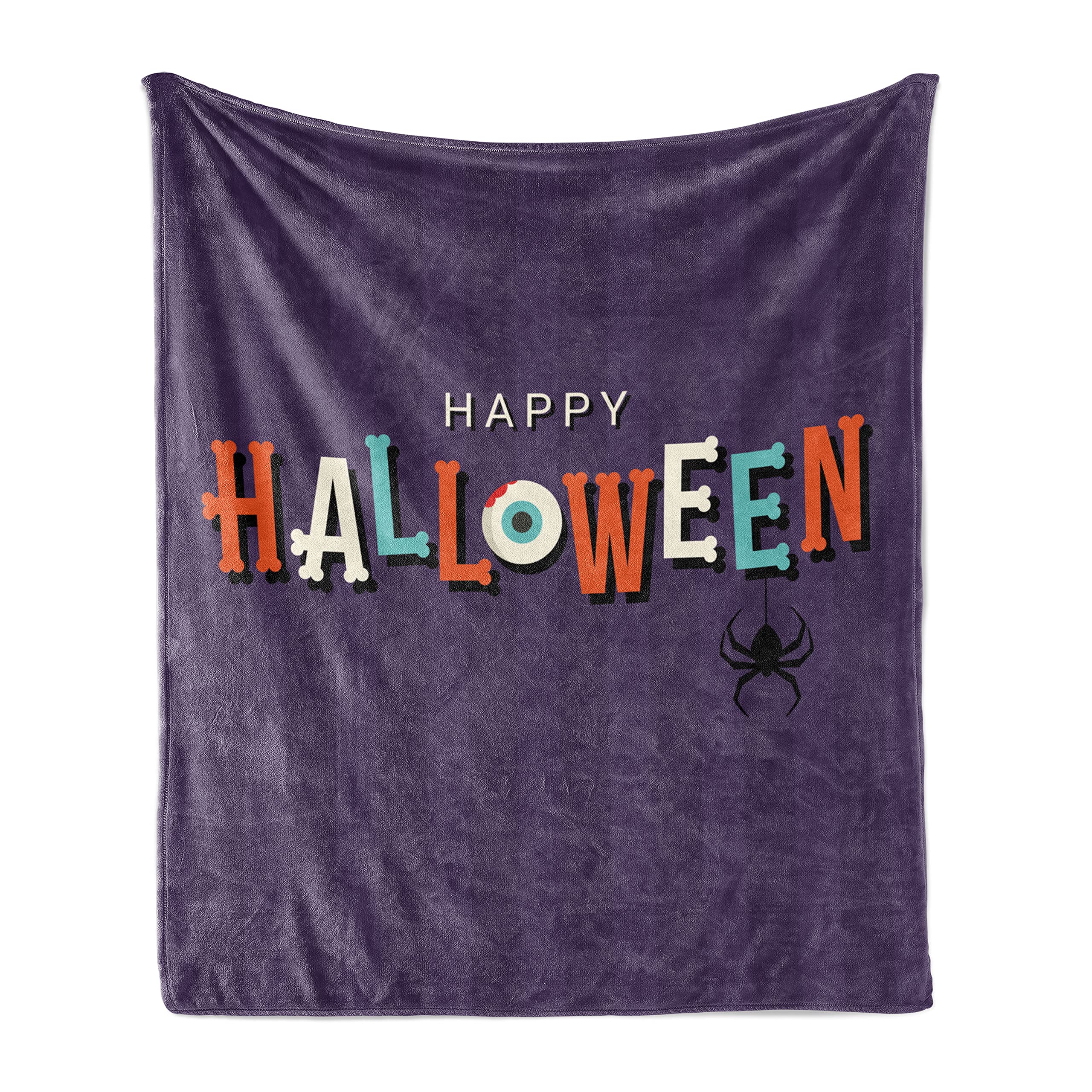 Ambesonne Halloween Throw Blanket - Spooky Bone Letters, Eye & Spider Design on Striped Flannel Fleece - Soft 50