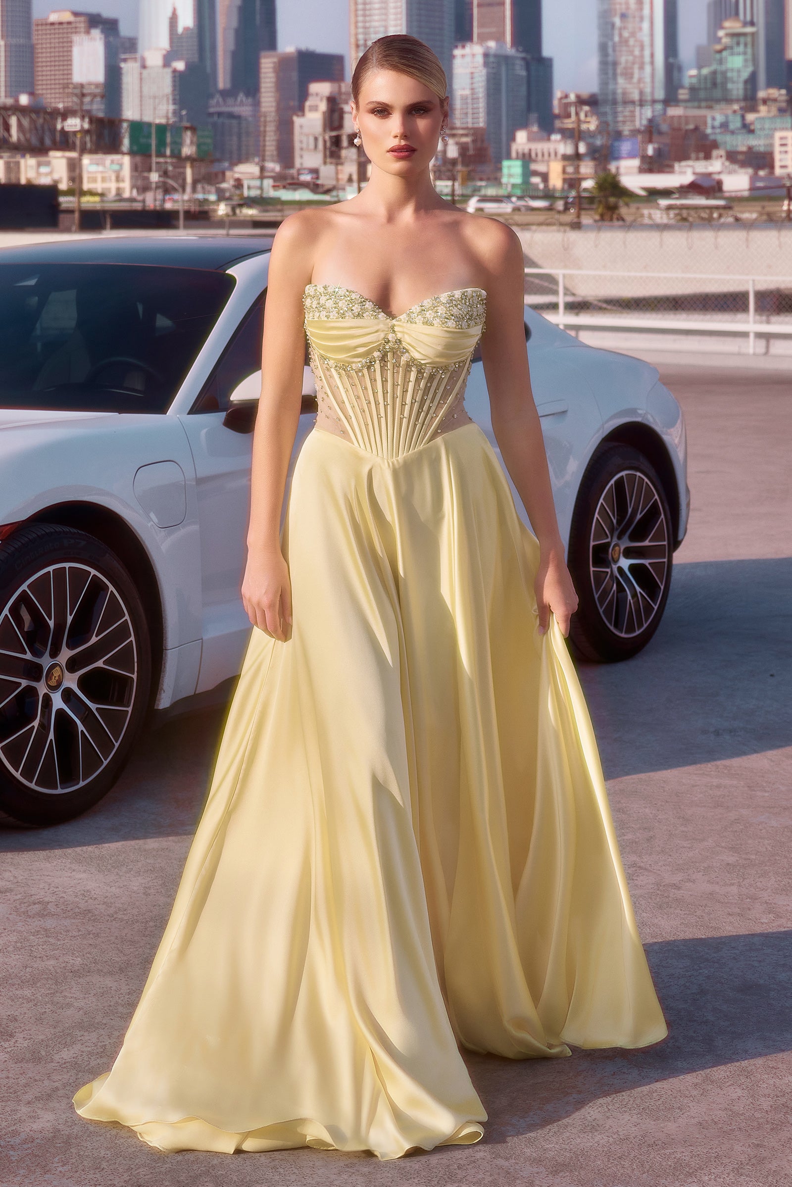 Strapless Beaded Satin A-Line Dress - Elegant Melanie Gown for Prom, Wedding & Evening Events