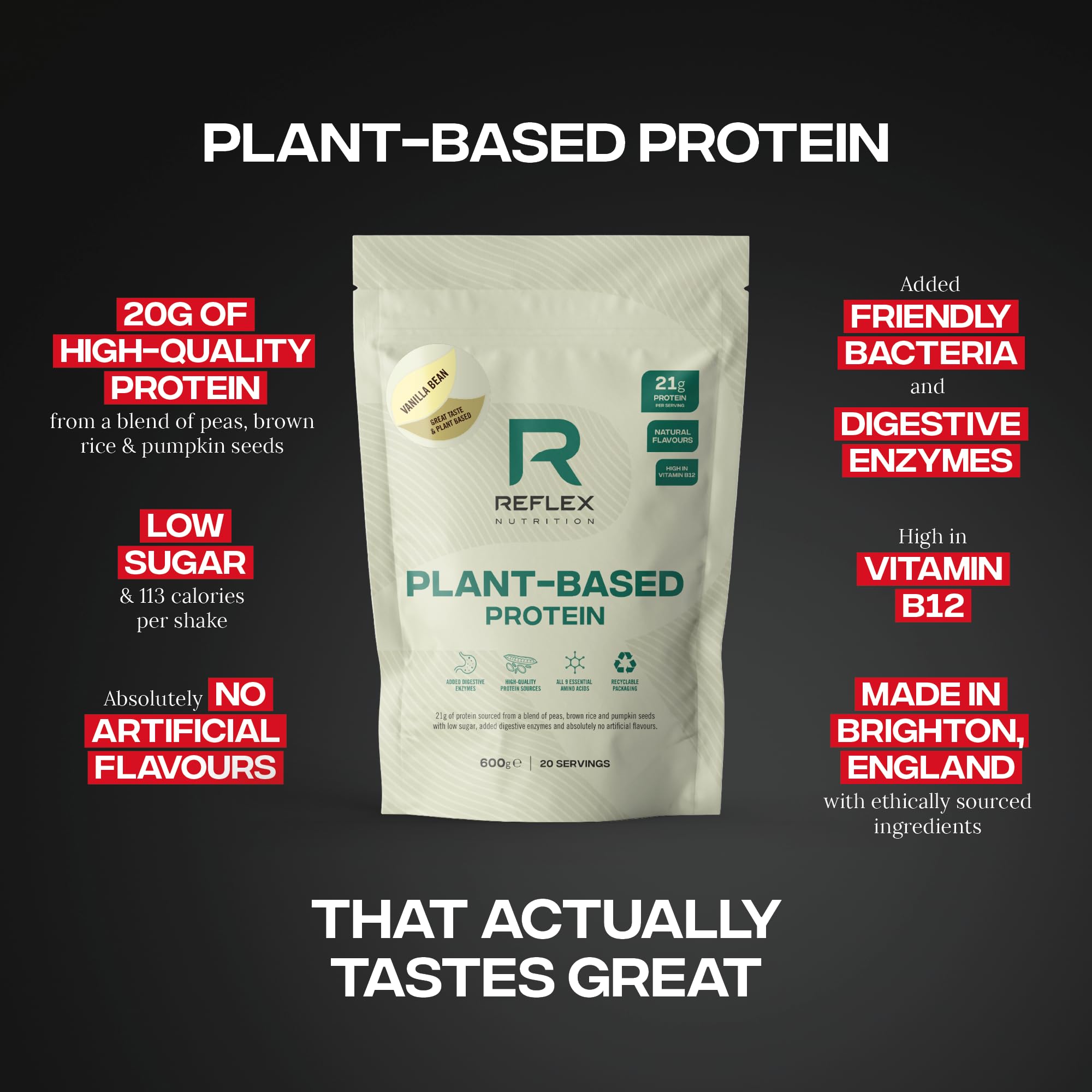 Reflex Nutrition Plant Based Protein Powder - 21g Vegan Protein per Serving (Pea, Brown Rice & Pumpkin Seed Protein) with Digestive Enzymes & Vitamin B12 - Vanilla Bean Flavor (20 Servings) - Ideal for Post-Workout Recovery, Muscle Growth & Vegan Diet Supplement
