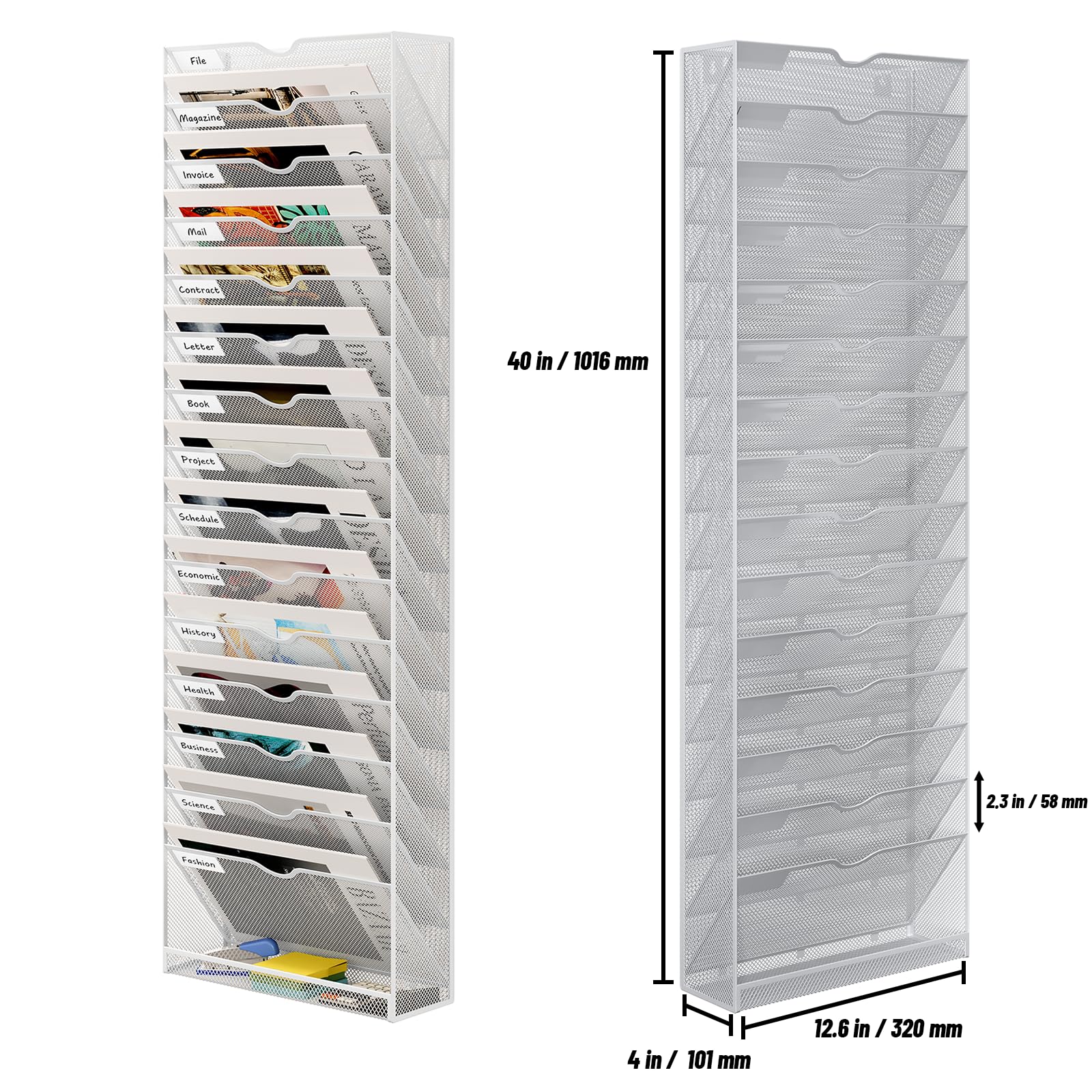16-Pocket Mesh Wall File Holder - Metal Hanging File Organizer for Office & Home - Wall Mounted Mail Sorter - White Office Organization Solution - Perfect for Bills, Letters, Documents & Home Office Storage
