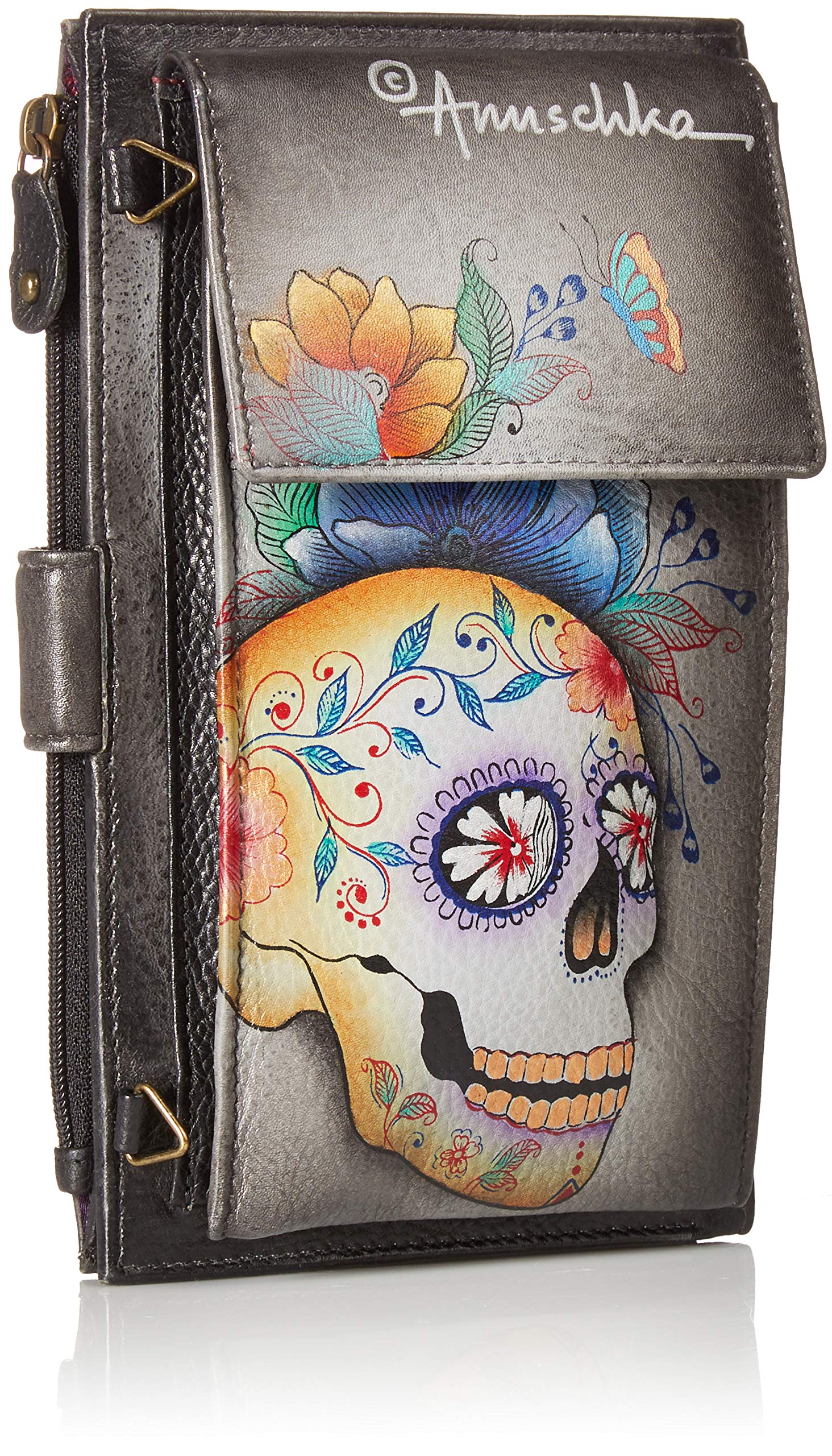 Anuschka Large Smartphone Case for iPhone 14 Pro Max - Premium PU Leather Wallet Phone Cover with Card Slots & RFID Protection (Floral Design) - Perfect for Travel, Business & Everyday Use