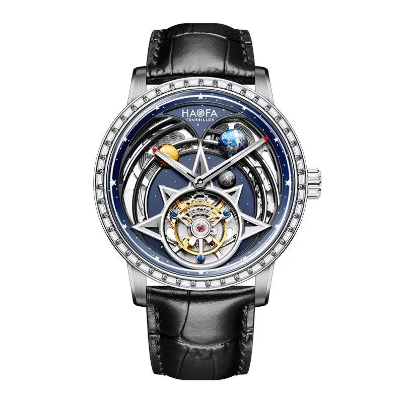 Haofa Men's Automatic Zircon Bezel Flying Tourbillon Watch with Luminous Universe Dial & Double Spring Drive - Luxury Interstellar Design for Business, Formal Events & Collectors (Model 2269)