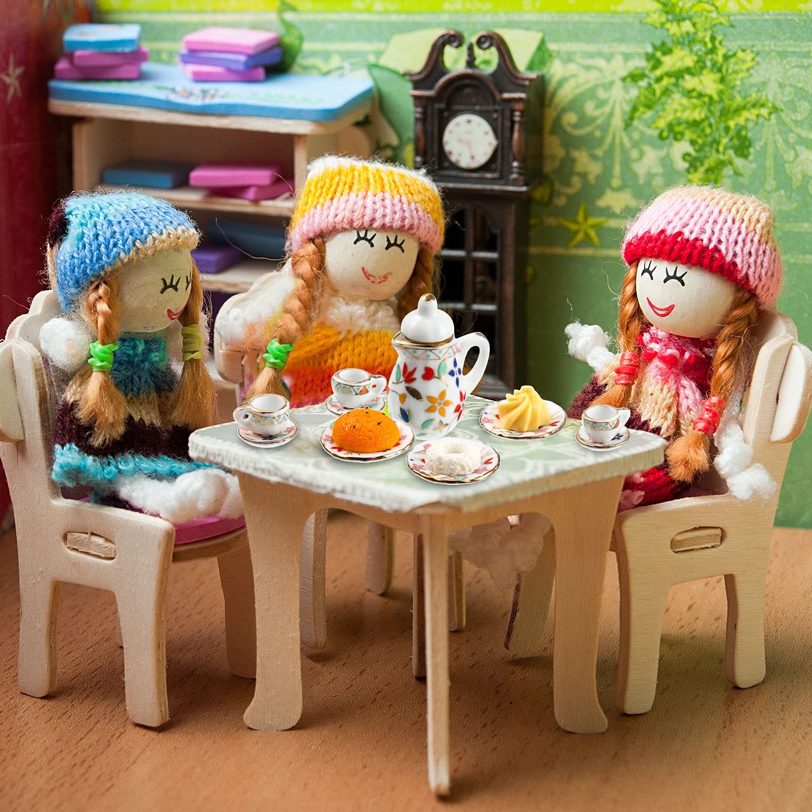 1:12 Scale Miniature Dollhouse Kitchen Accessories Set - 41 Pieces Including 15 Porcelain Tea Cups, 16 Mini Plates with Knives & Forks, 10 Decorative Dessert Cakes - Perfect for Dollhouse Decor, Tea Party Scenes, and Miniature Cooking Display (Chic Style)
