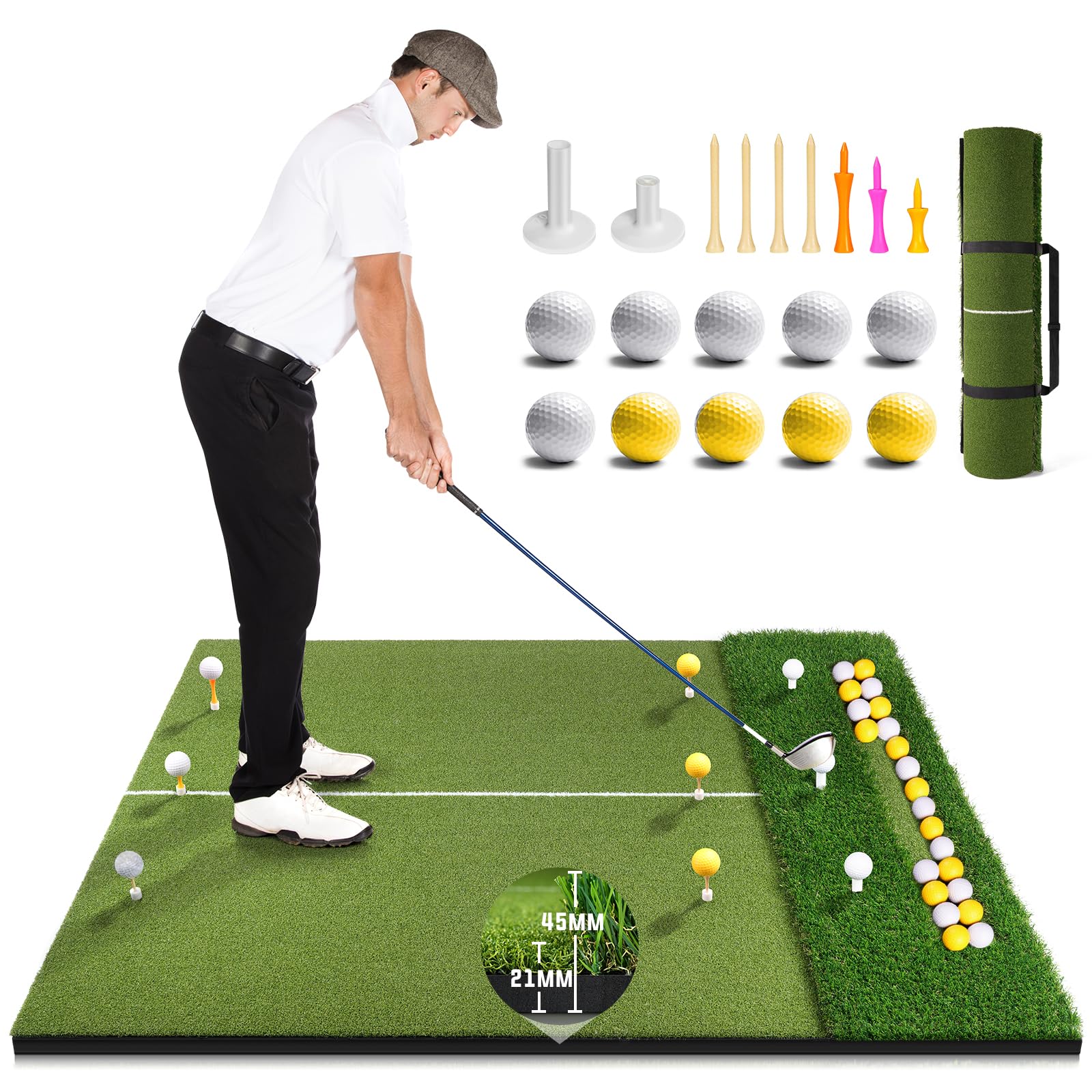 Premium Dual-Turf Golf Practice Mat with Ball Tray - 5x4 FT Indoor/Outdoor Golf Hitting Mat Includes 10 Golf Balls, 9 Tees & Training Aid - Perfect for Swing Practice, Chipping & Backyard Drills - Great Gift for Men, Boys & Golf Enthusiasts