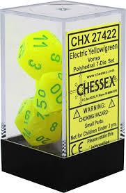 Chessex Polyhedral 7-Dice Set - Vortex Electric Yellow with Green - Perfect for D&D, RPGs, and Tabletop Gaming